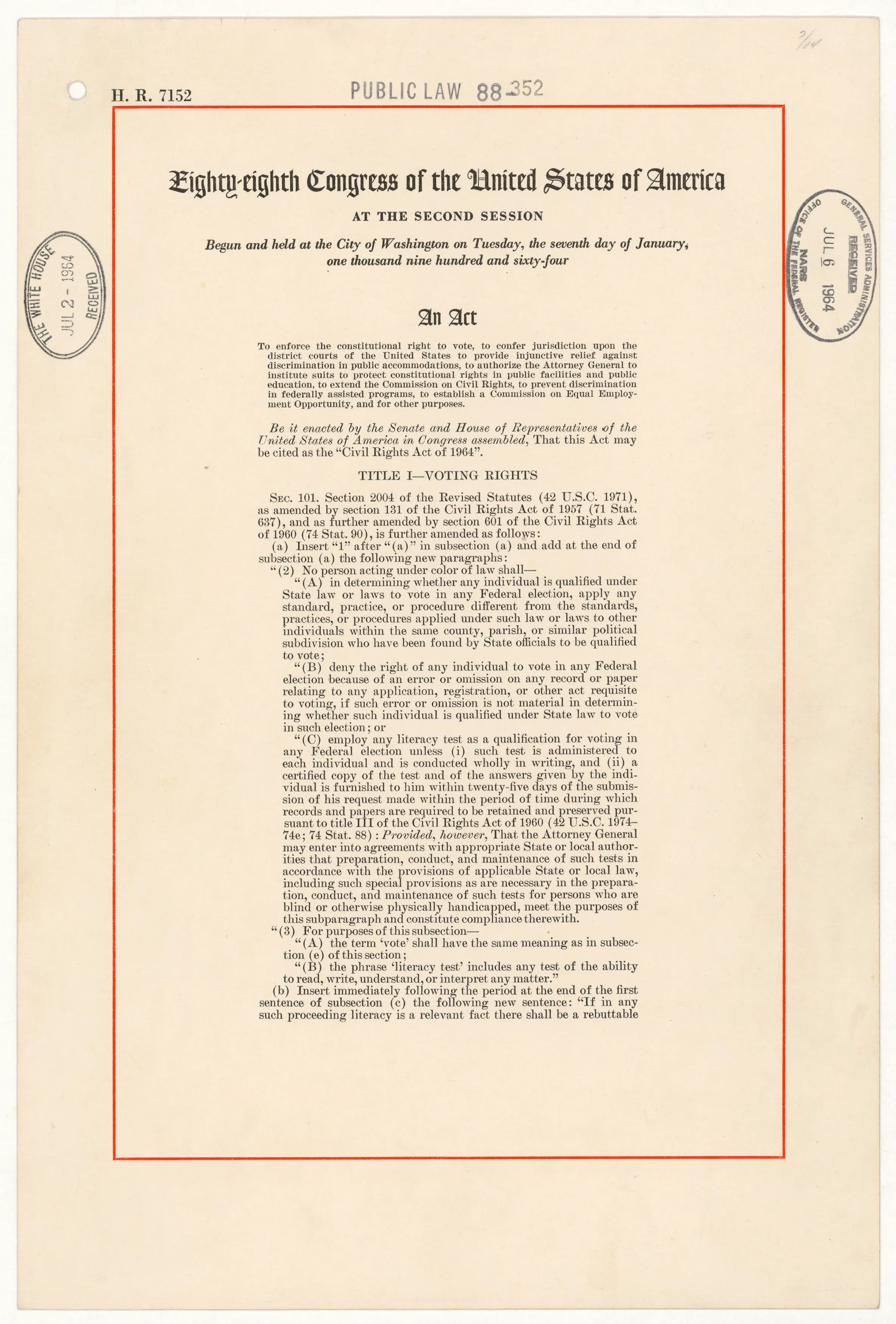 The Civil Rights Act of 1964 July 2, 1964. (National Archives)