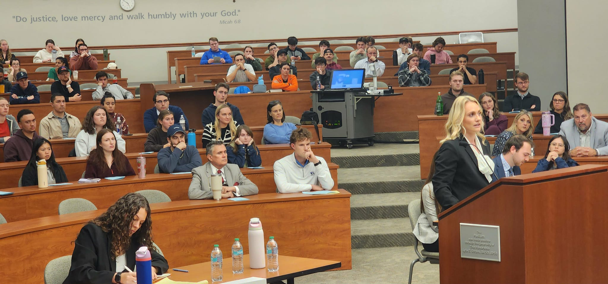 Madeleine Bauer challenges claims against respondents during her portion of the hearing before three Nebraska judges as part of Creighton University’s Moot Court competition.<br />(Tim Trudell / The Daily Record)