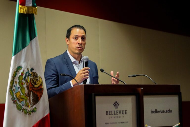 Cesar Garcia of Canopy South nonprofit speaks during a gathering highlighting a donation of fire equipment to Zacapu, Mexico.<br />(Courtesy of Eli Rigatuso, Bellevue University)
