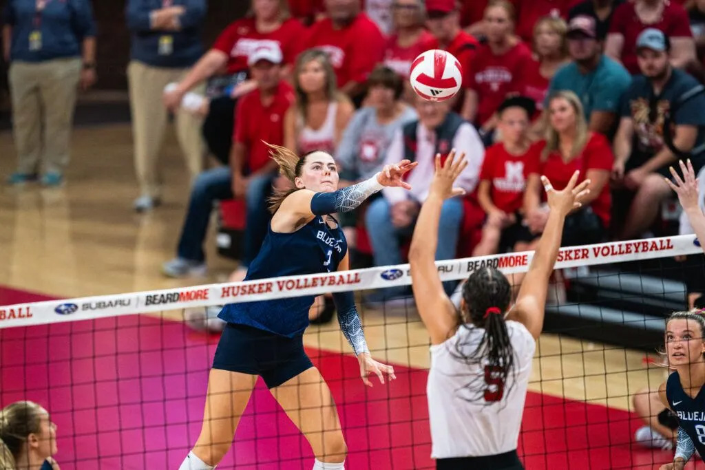 Norah Sis goes up at the net during Creighton’s match against Nebraska at the Devaney Center on Sept. 10, 2024. The two teams could play again in the postseason, but both would have to make it to the NCAA Women’s Volleyball Final Four.<br />(Justin Kreutzian / Courtesy of Creighton Athletics)
