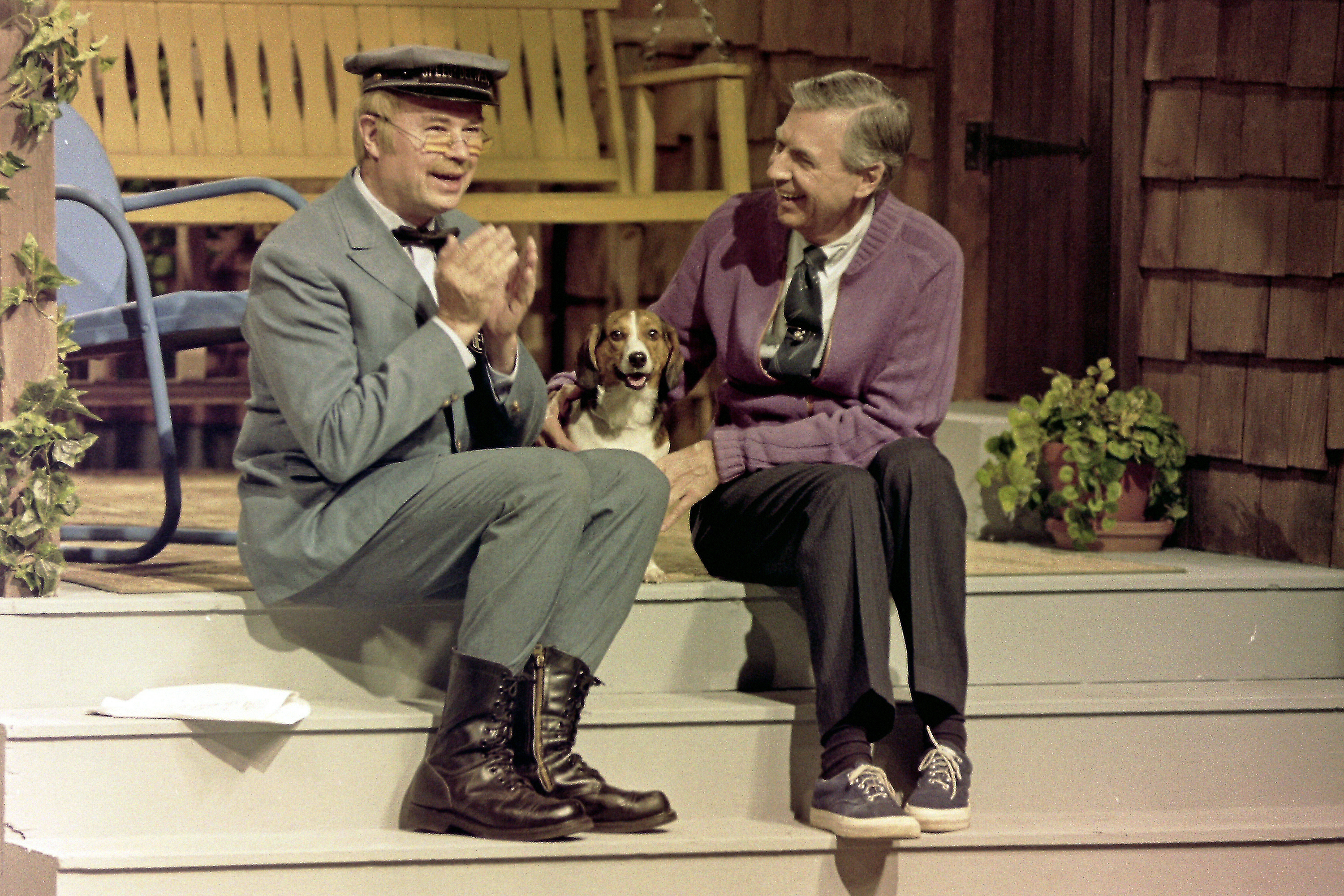 Fred Rogers (right) talks with David Newell, a.k.a. Speedy Delivery&#039;s Mr. McFeely, during a rehearsal for a segment of his television program &quot;Mister Rogers&#039; Neighborhood&quot; in Pittsburgh on June 8, 1993.<br />(Gene J. Puskar / AP Photo)