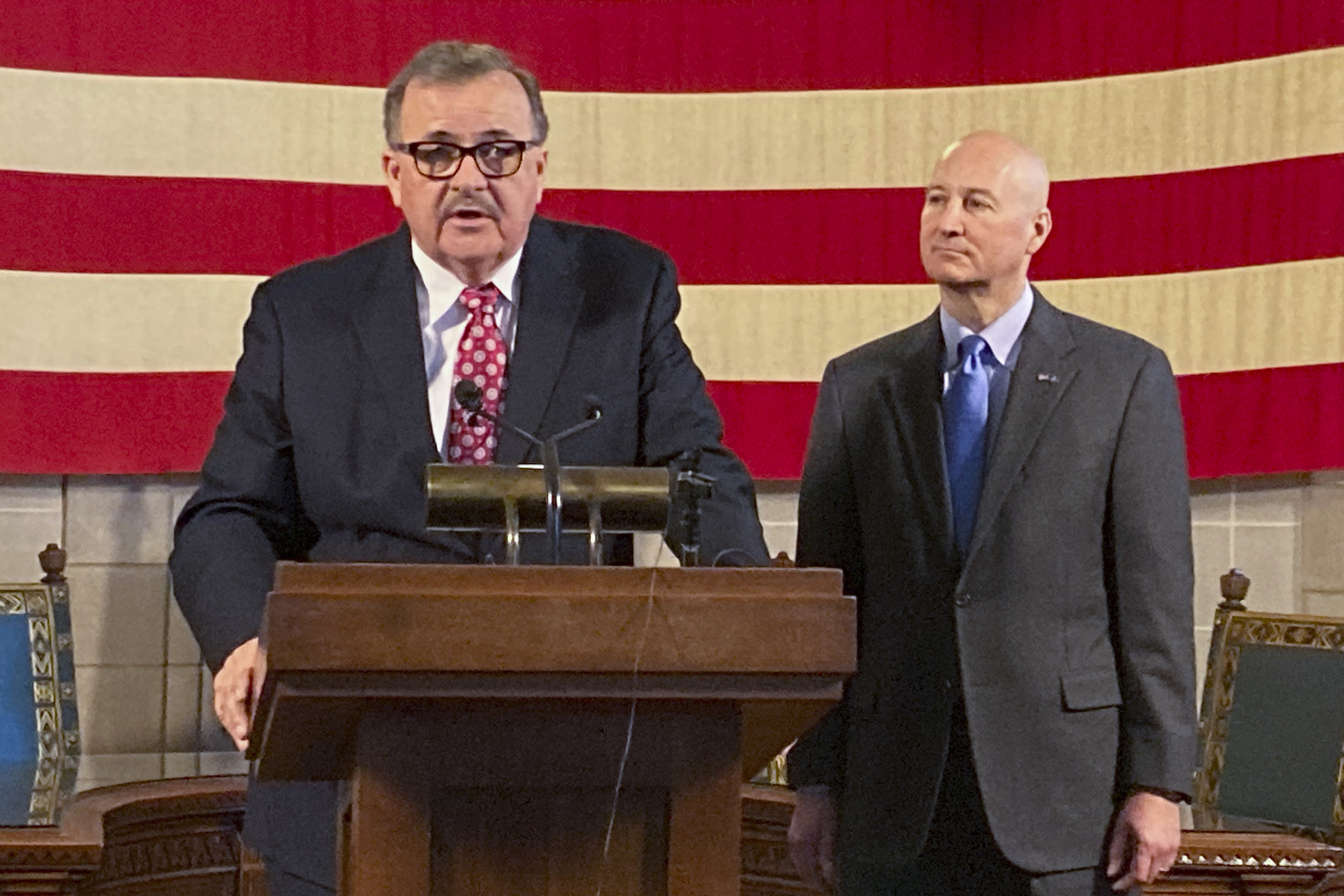 Nebraska state Sen. Mike Jacobson of North Platte addresses the media after being sworn into office following his appointment by Gov. Pete Ricketts, on Wednesday, Feb. 28, 2022, in Lincoln, Neb.<br />(Grant Schulte / AP Photo)