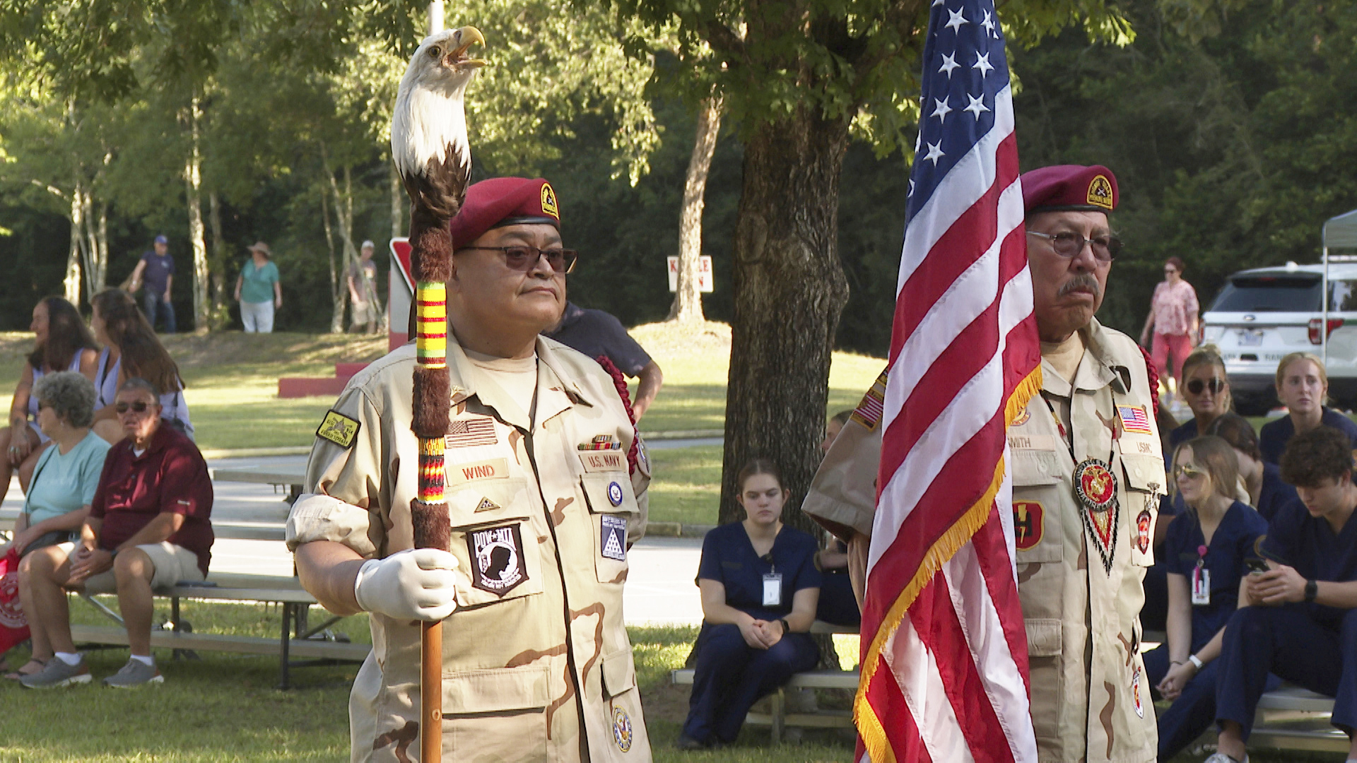 William Wind, U.S. Navy (retd) and Curtis Smith, U.S. Marine Corps (retd) help open ceremonies held at the Ocmulgee National Historical Park on Saturday, Sept. 17, 2022, in Macon, Ga. Wind and Smith are members of the Muscogee (Creek) Nation Honor Guard.<br />(Sharon Johnson / AP Photo)