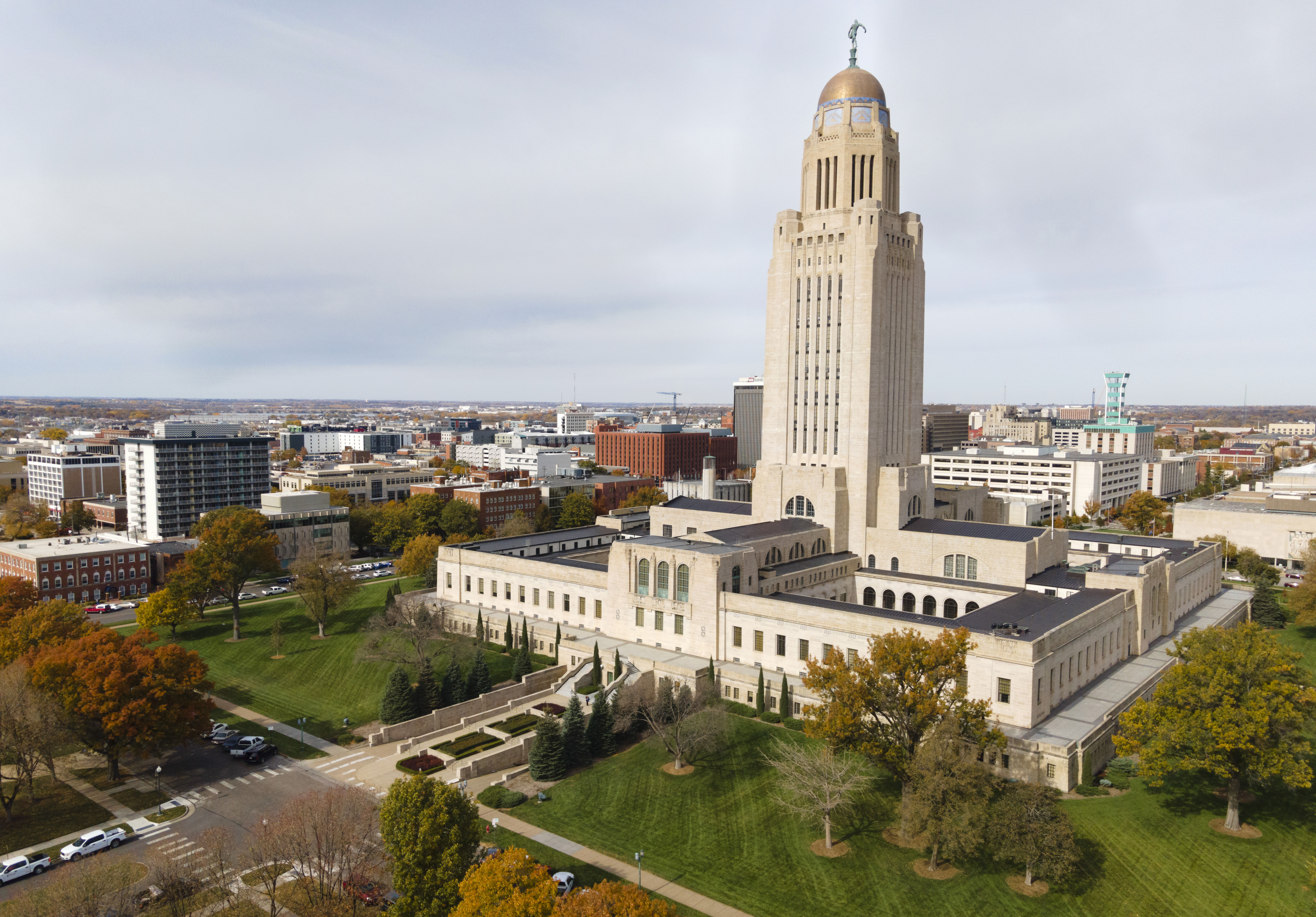 The Nebraska State Capitol is photographed by a drone on Wednesday, Oct. 26, 2022, in downtown Lincoln, Neb. A tax-increment financing bill spurred lively discussion in the legislature.  (Kenneth Ferriera / Lincoln Journal Star via AP)
