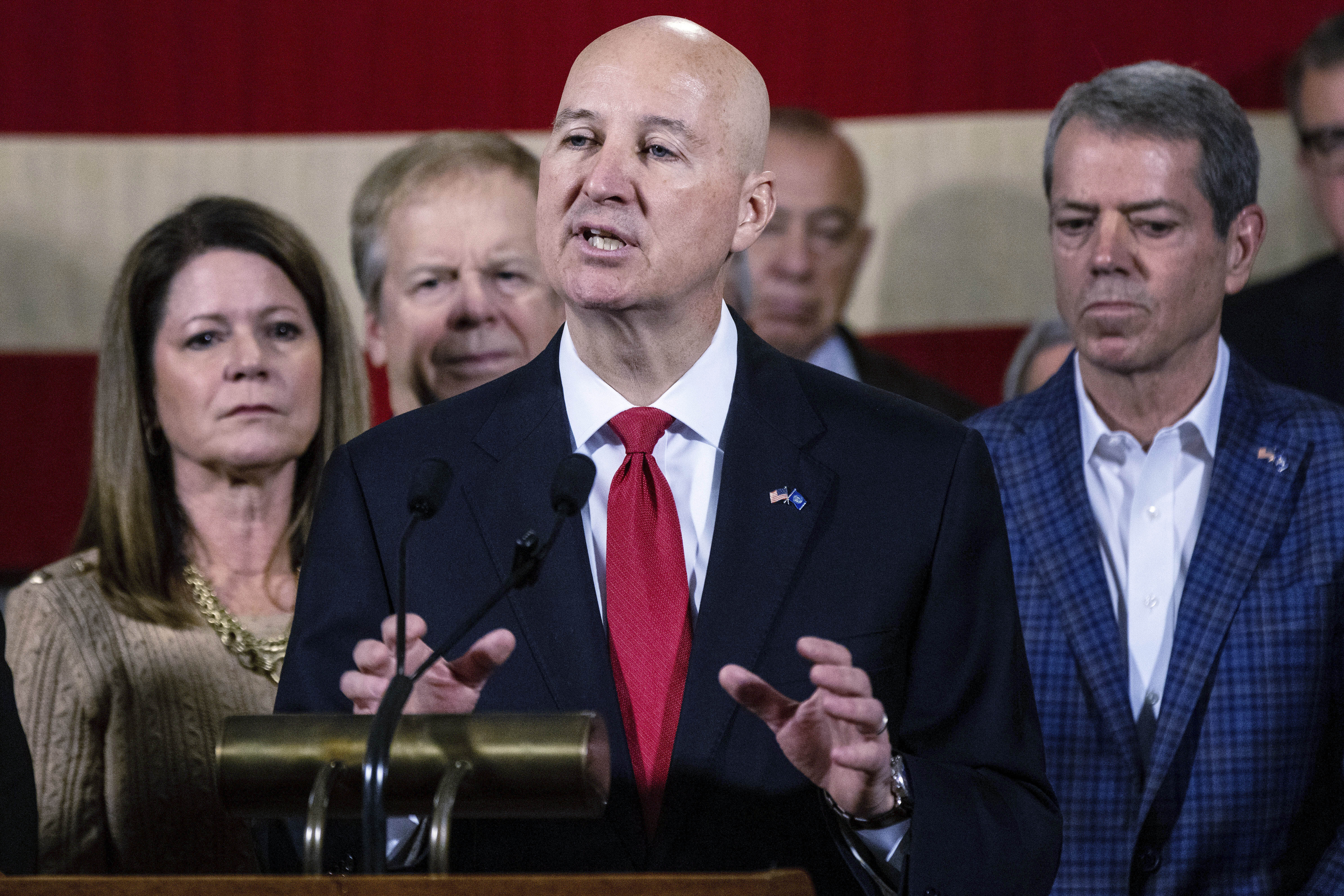 Former Nebraska Gov. Pete Ricketts talks about his appointment to the US Senate by Nebraska Gov. Jim Pillen, in the Governor’s Hearing Room on Thursday, Jan. 12, 2023.<br /> (Chris Machian / Omaha World-Herald via AP Photo)