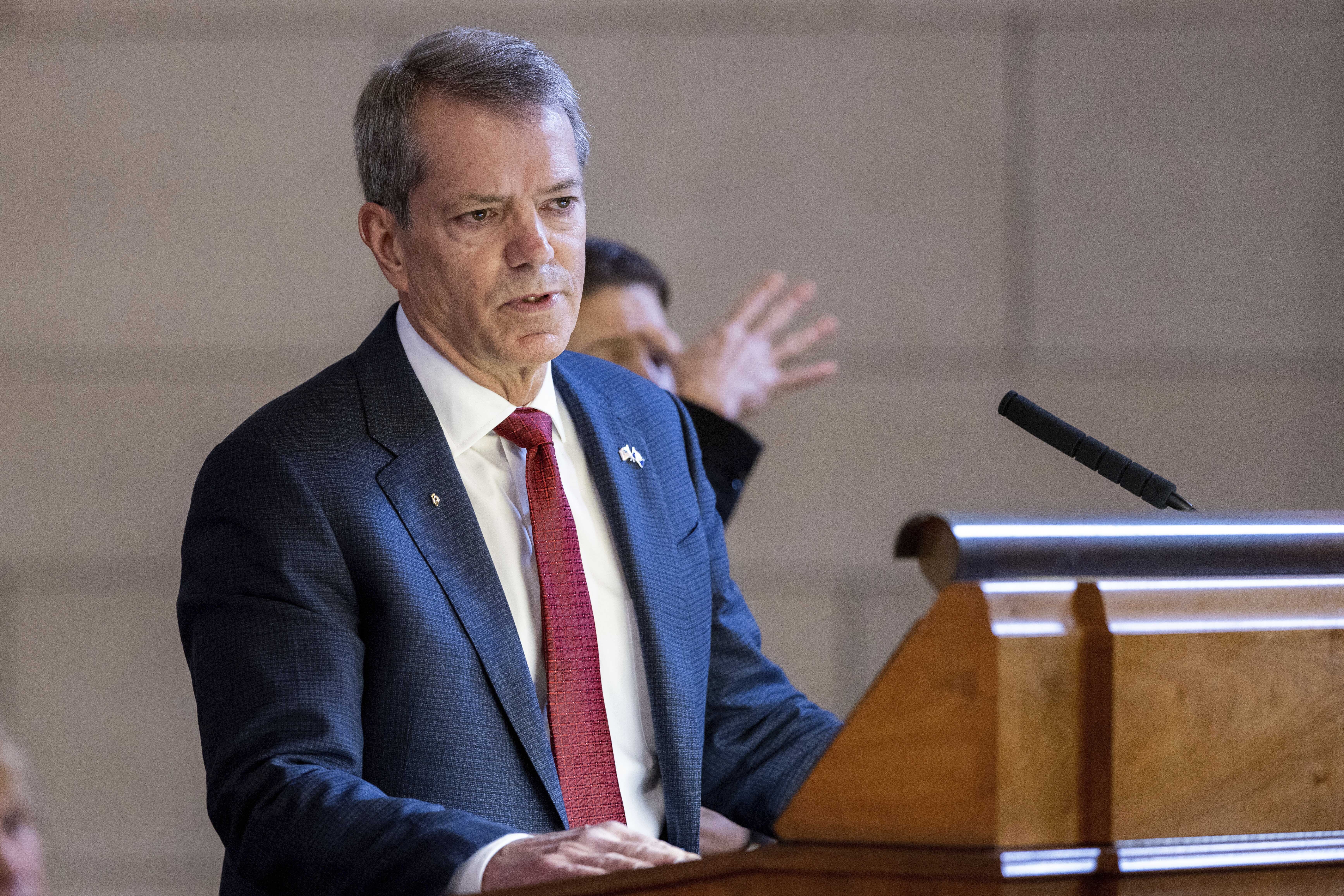 Nebraska Gov. Jim Pillen delivers his State of the State on Wednesday, Jan. 25, 2023, at the state Capitol in Lincoln, Neb. (Anna Reed / Omaha World-Herald via AP Photo)