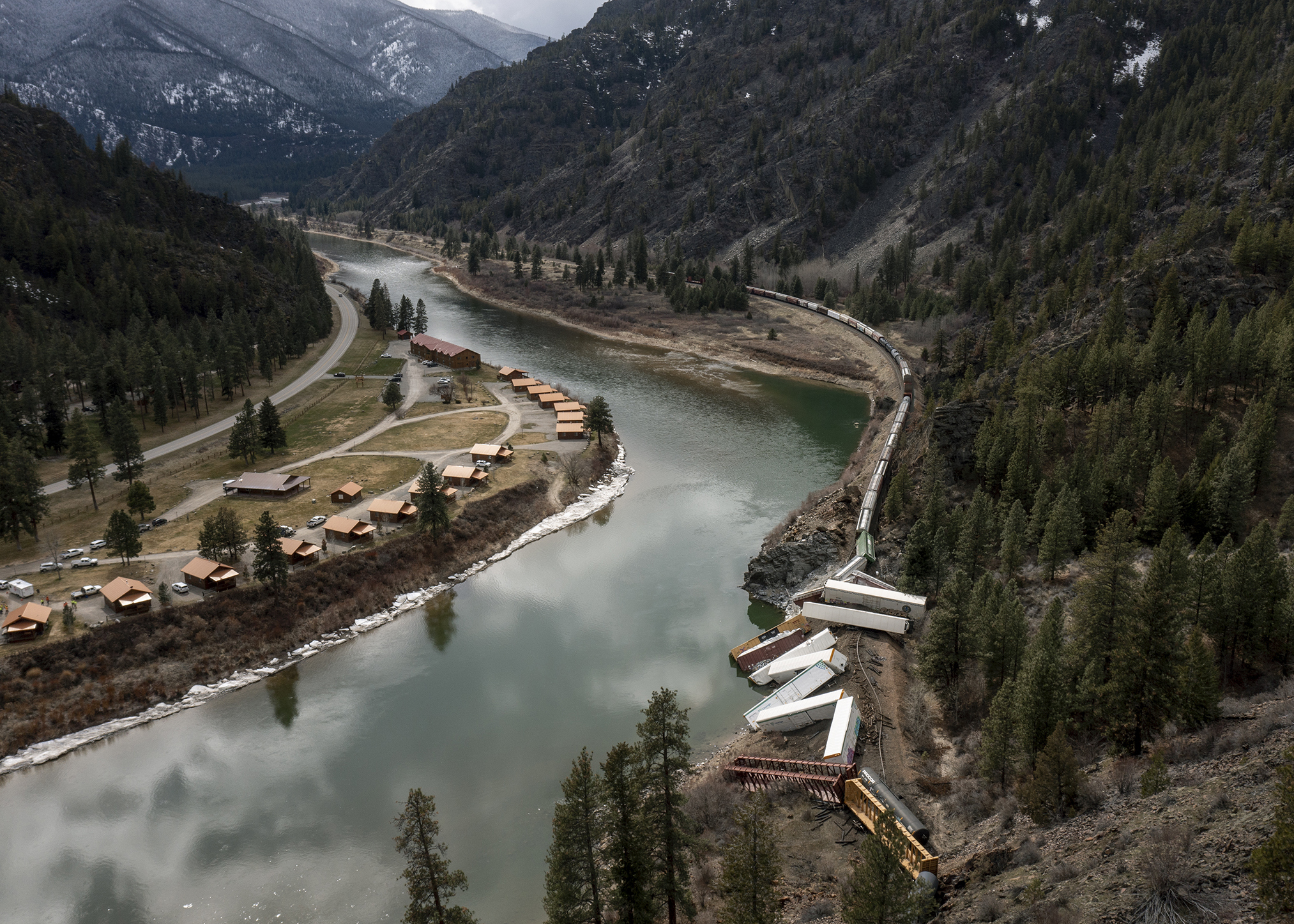 A train sits derailed near Quinn’s Hot Springs Resort west of St. Regis, Mont., Sunday, April 2, 2023. (Ben Allan Smith / The Missoulian via AP)