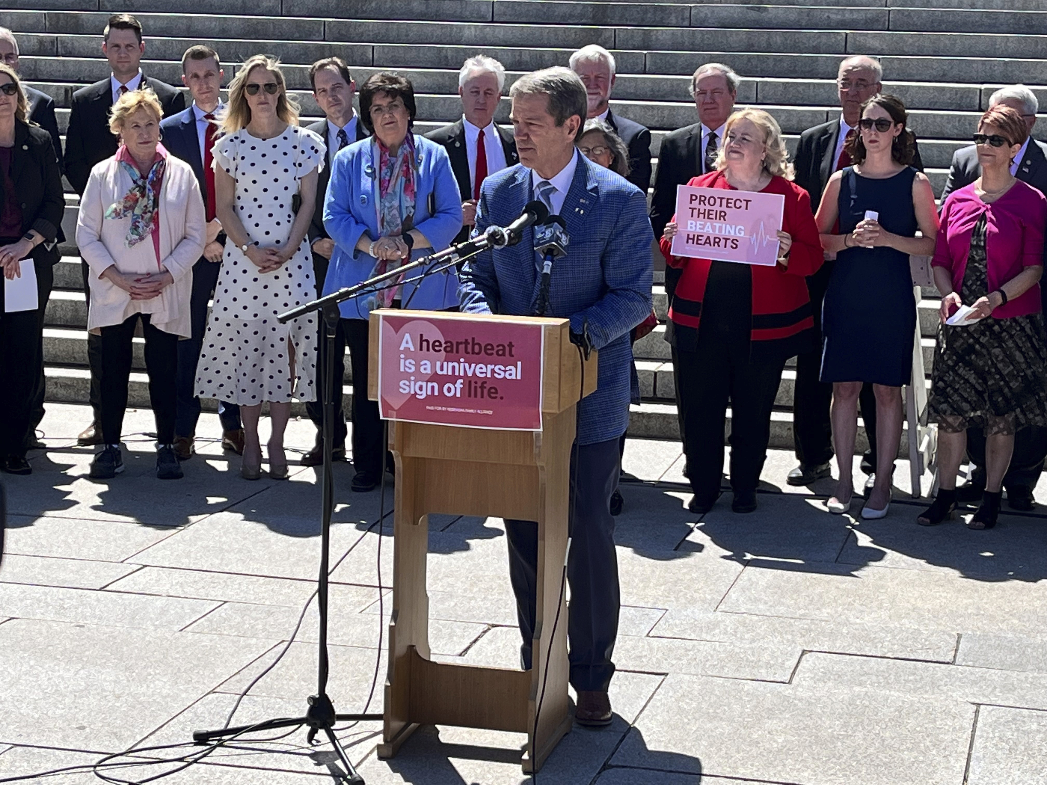 Gov. Jim Pillen speaks at a rally on the same day outside the Capital in support of the bill.<br />(Margery A. Beck / AP Photo)