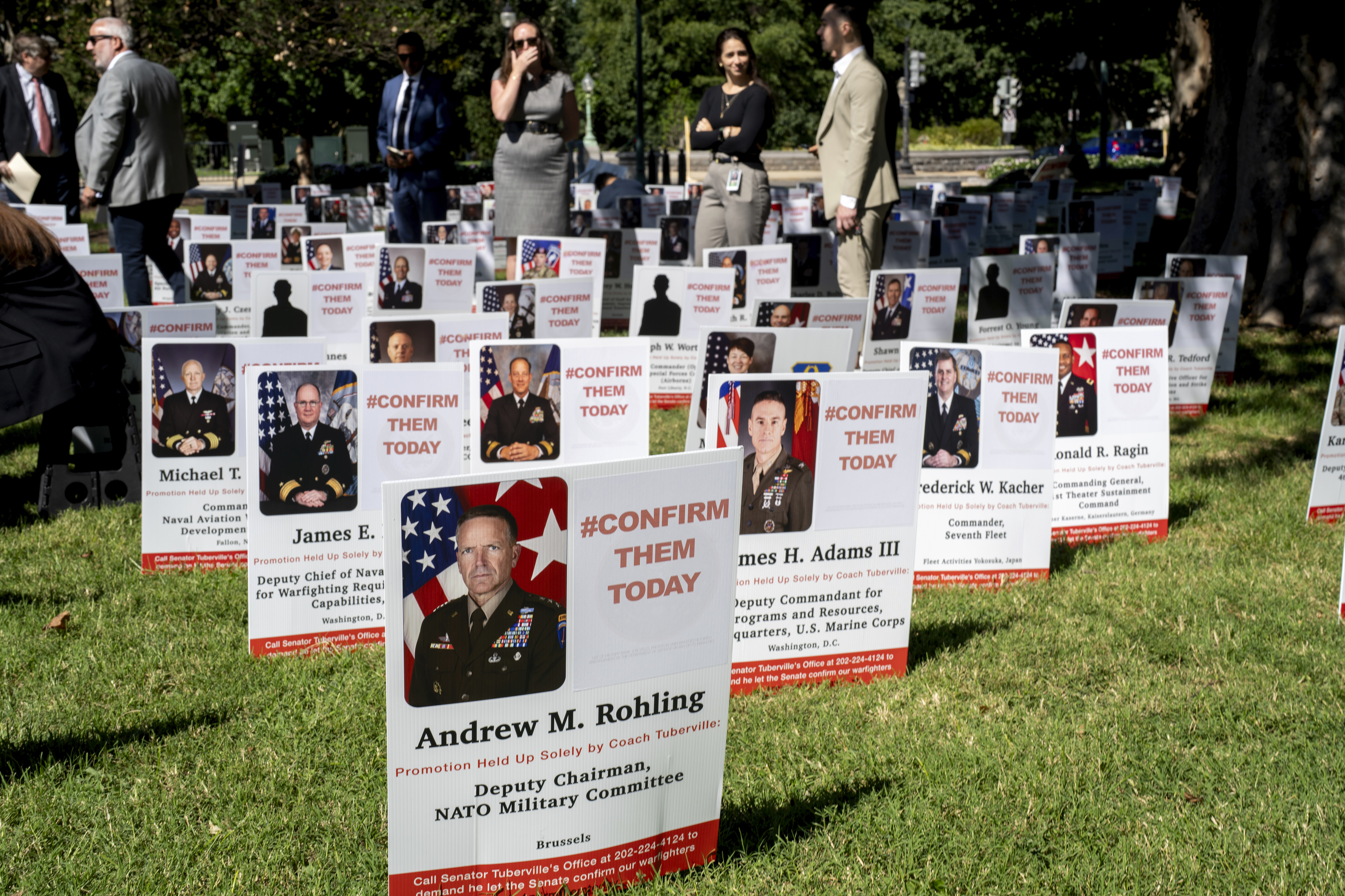 A display is seen on the Capitol grounds showing the members of the military whose promotions are being held up by Sen. Tommy Tuberville, R-Ala., in Washington, Tuesday, Sept. 19, 2023. For more than half a year, one Republican senator has blocked military promotions on the Senate floor over his disapproval of the Defense Department’s abortion policy.<br />(J. Scott Applewhite / AP Photo)
