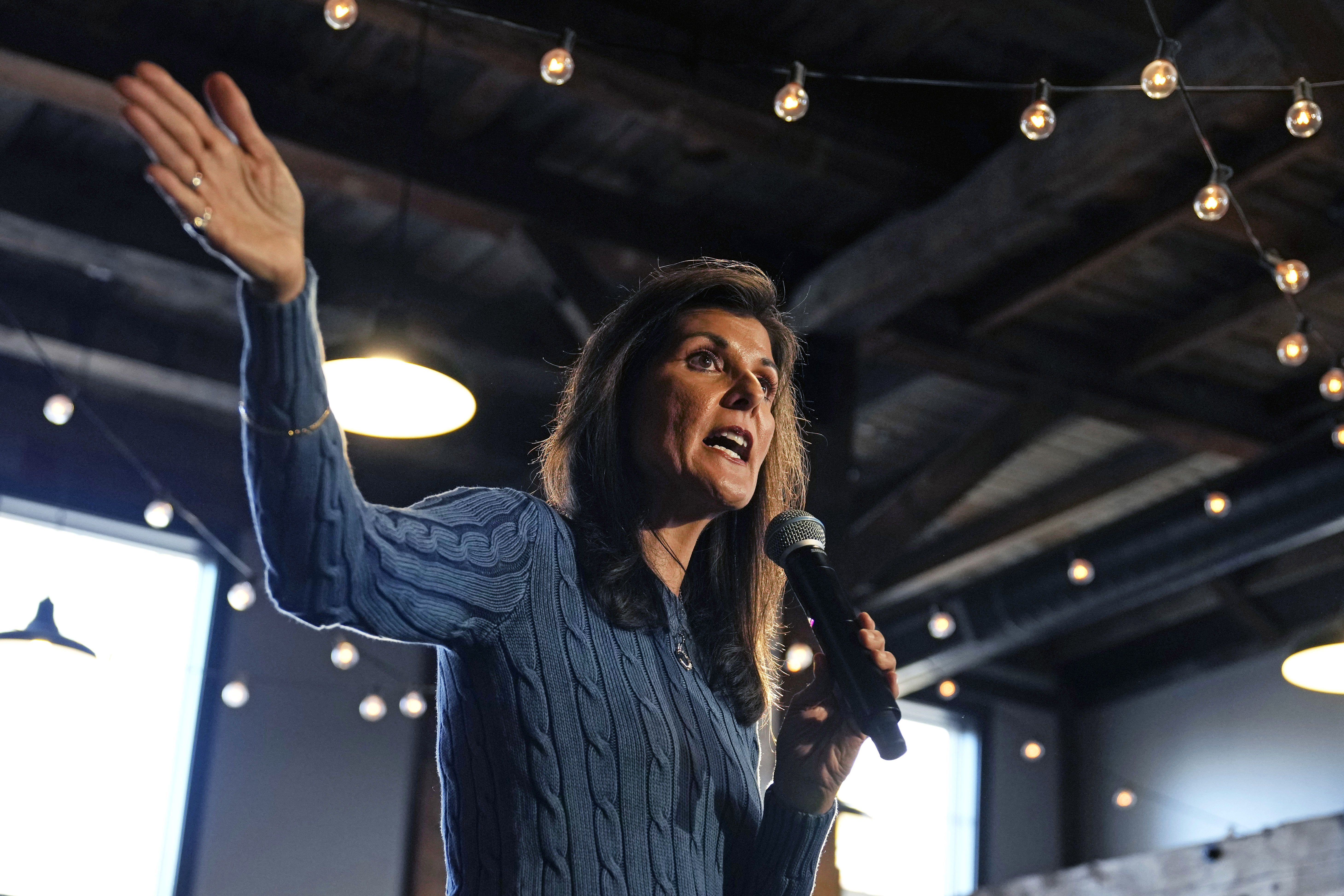 Republican presidential candidate former UN Ambassador Nikki Haley addresses a gathering during a campaign stop at a brewery, Wednesday, Nov. 29, 2023, in Meredith, N.H.<br />(Charles Krupa / AP Photo)