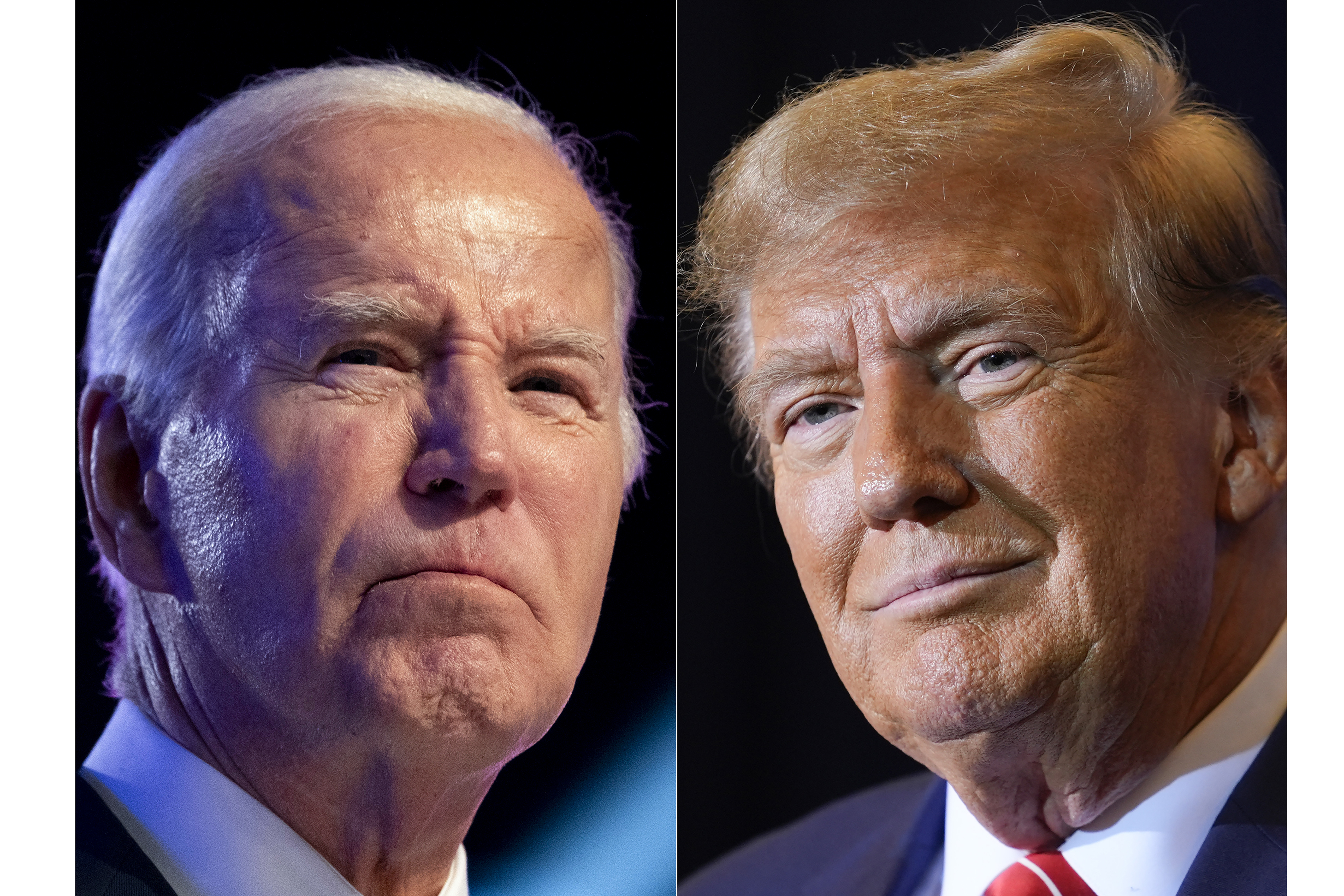 This combo image shows President Joe Biden, left, Jan. 5, 2024 and Republican presidential candidate former President Donald Trump, right, Jan. 19, 2024.<br />(AP Photo)