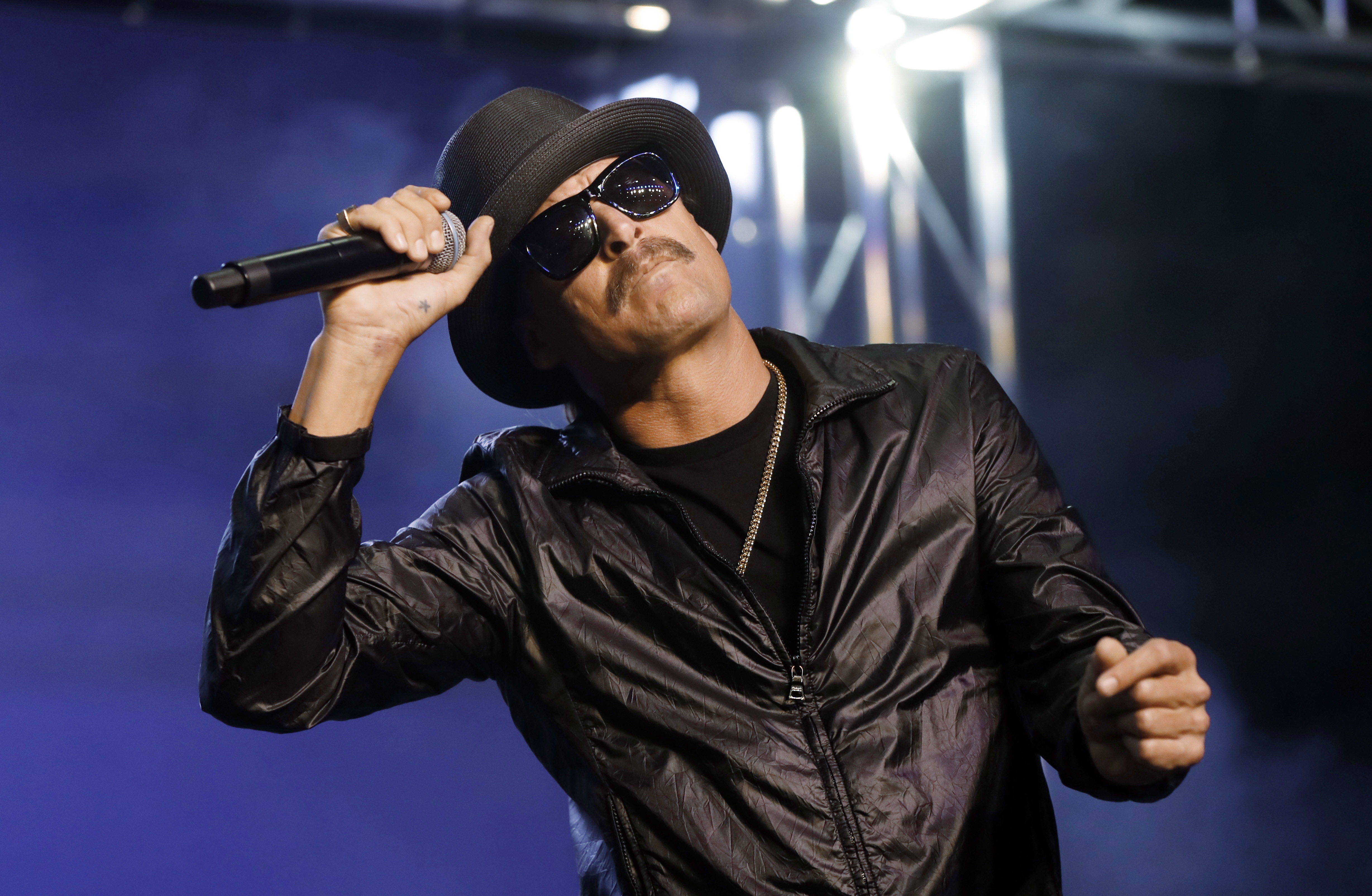 In this Wednesday, Oct. 17, 2018 photo, Kid Rock performs in Pontiac, Mich. On Friday, Feb. 23, 2024, The Associated Press reported on stories circulating online incorrectly claiming performers Kid Rock and Jason Aldean removed all New York shows from their “You Can’t Cancel America” tour in support of former President Donald Trump.<br />(Paul Sancya / AP Photo)