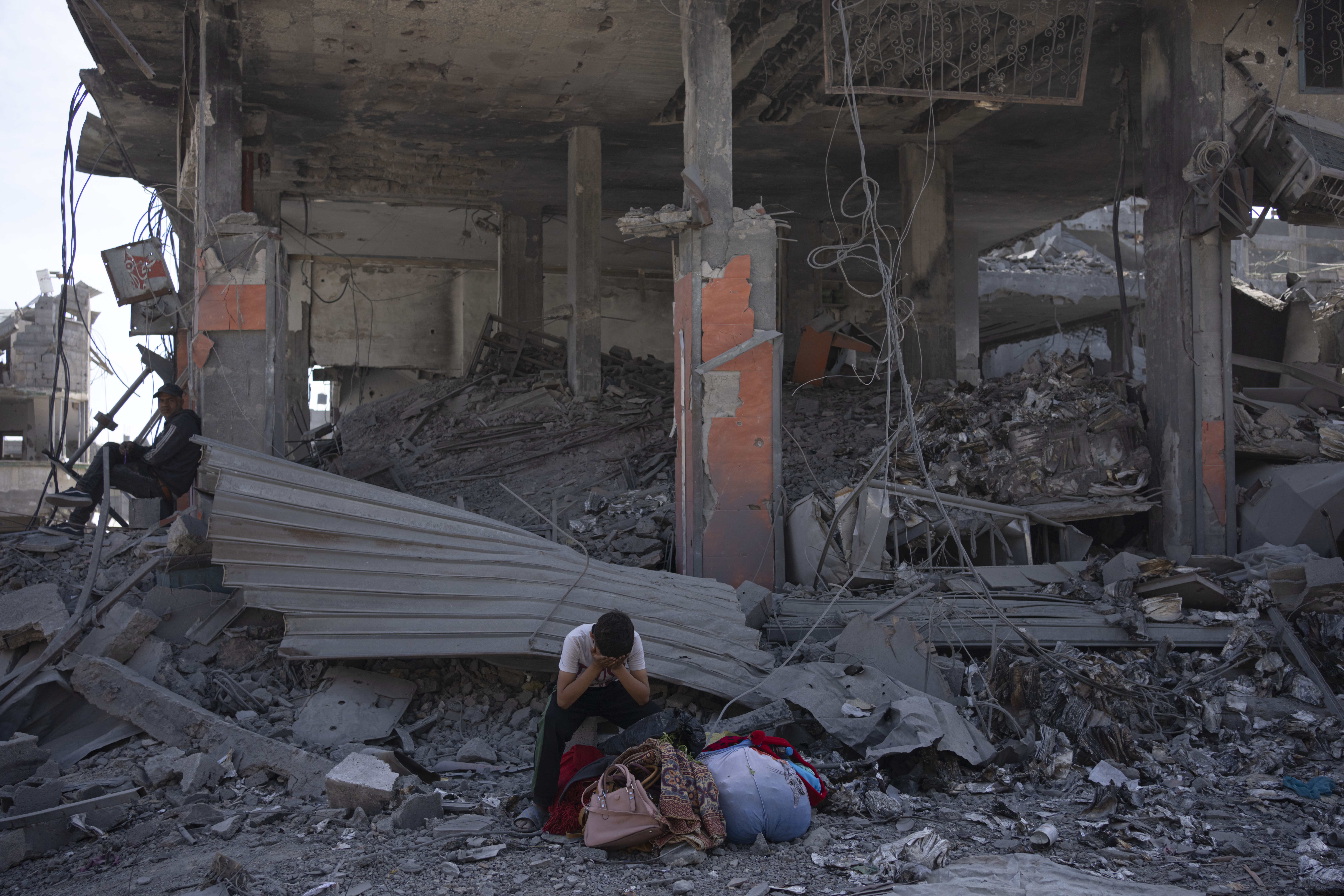 Palestinian man overcome with emotion in Khan Younis, southern Gaza Strip, Monday, April 8, 2024.<br />(Fatima Shbair / AP Photo)