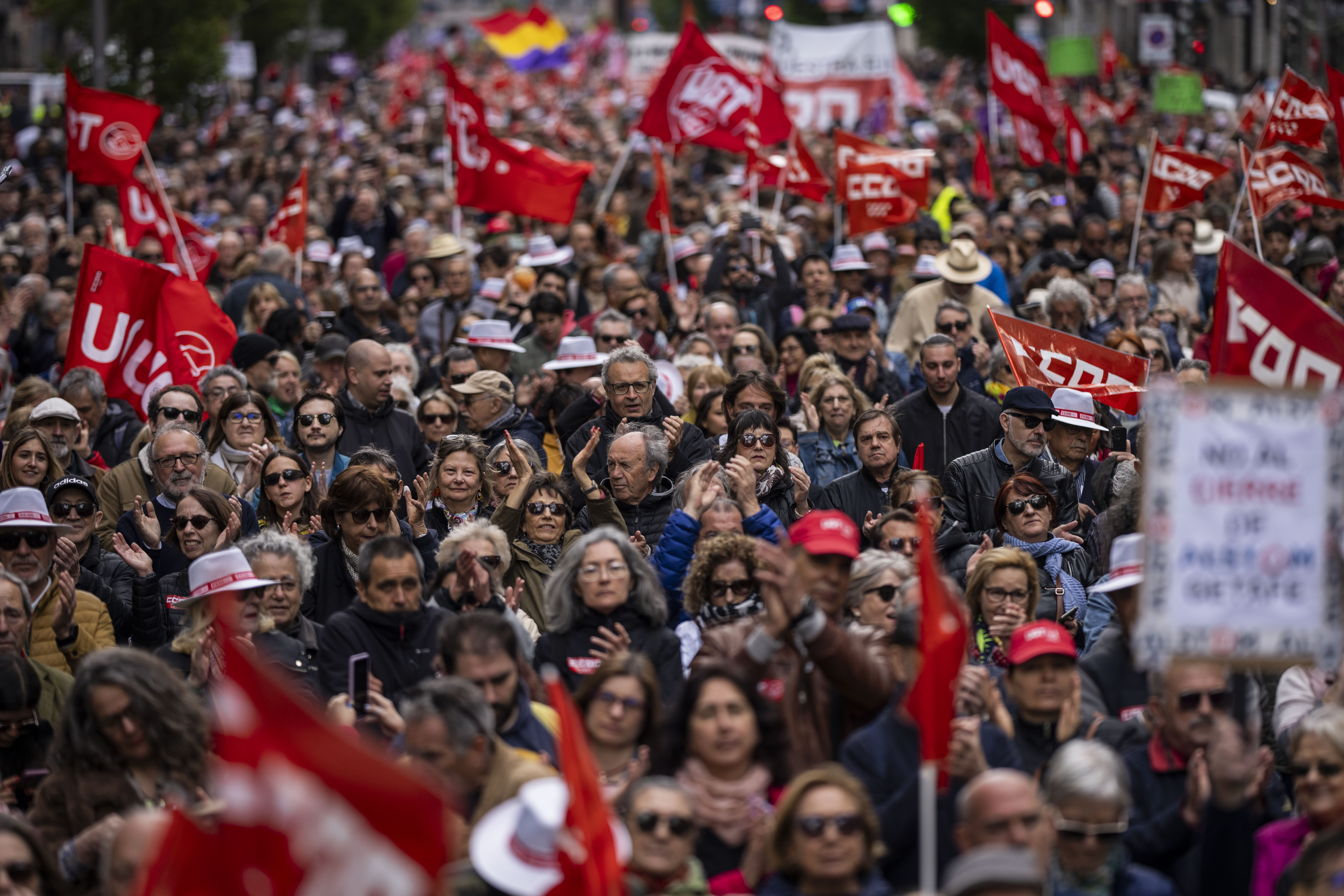 Demonstrators attend a May Day rally in Madrid, Wednesday, May 1, 2024.<br />(Bernat Armangue / AP Photo)