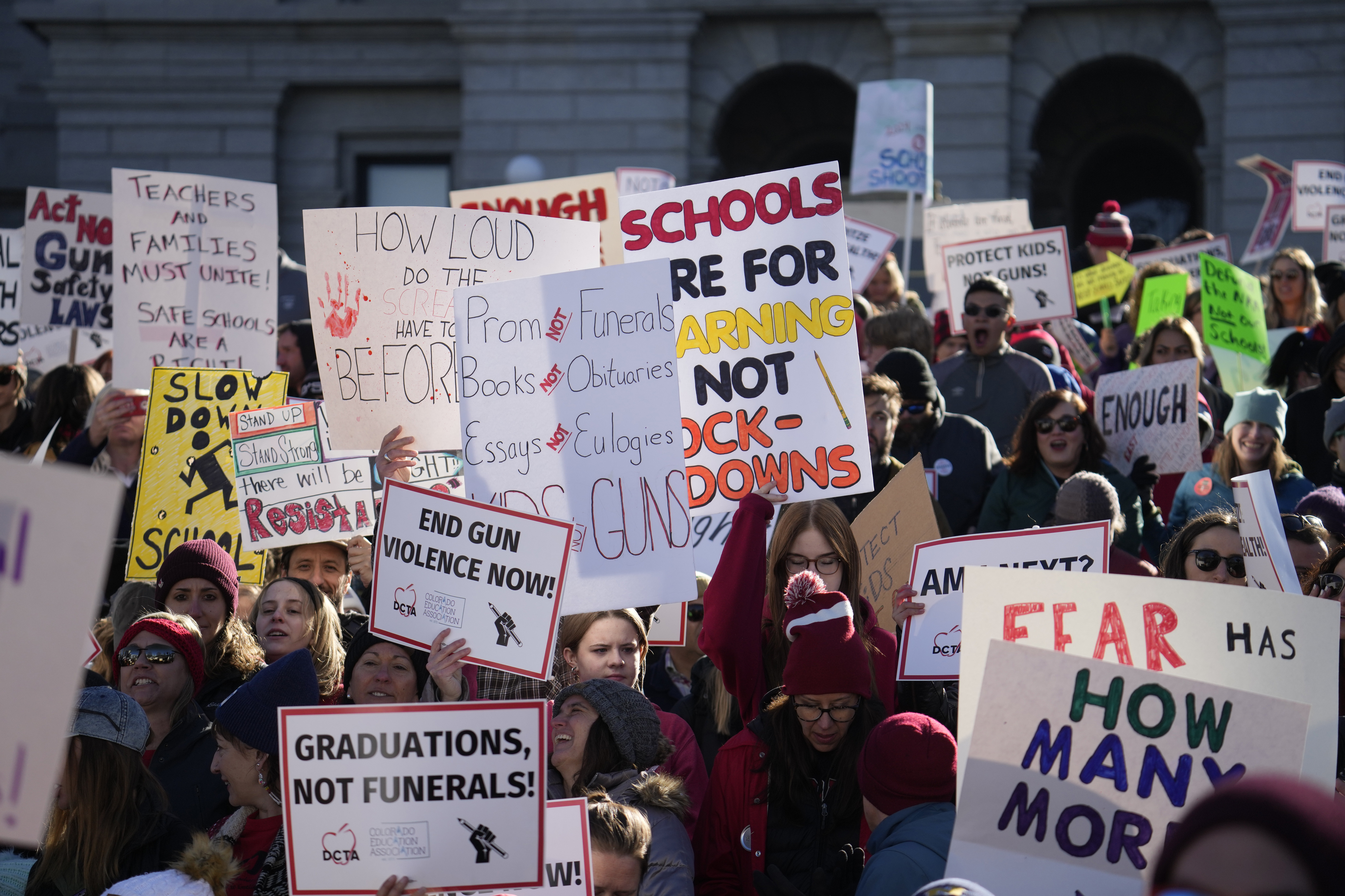 Students and parents from school across Colorado take part in a rally calling for state lawmakers to consider gun control measures during the current legislative session, March 24, 2023, outside the State Capitol in Denver. Colorado’s Democratic-controlled Legislature has nixed a sweeping bill Tuesday, May 7, 2024, to ban the sale and transfer of semi-automatic firearms.<br />(David Zalubowski / AP Photo)