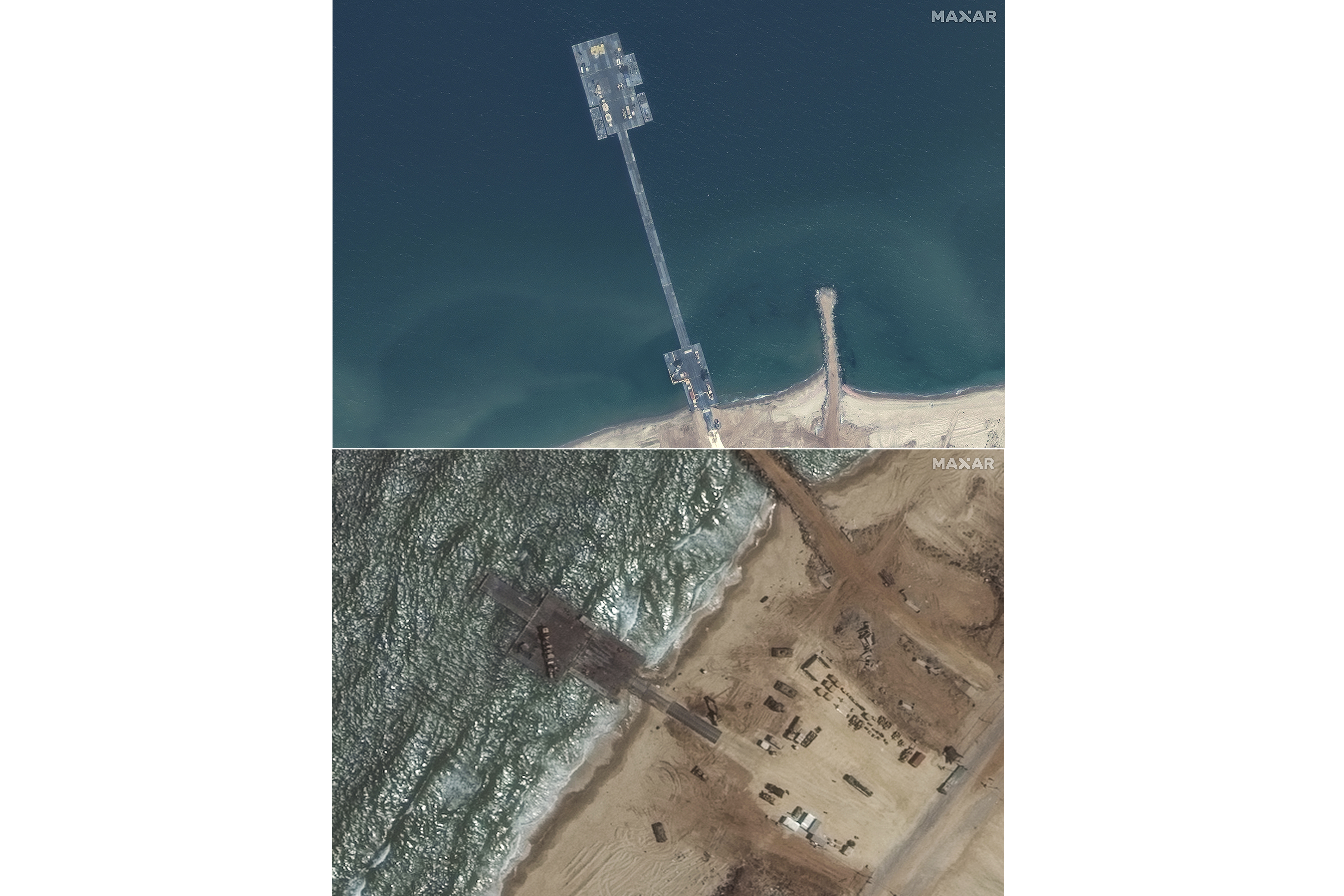 These images released by Maxar Technologies show the newly completed pier in the Gaza Strip on May 18, 2024, top, and the remaining section of the temporary pier on May 29, 2024.<br />(Satellite images ©2024 Maxar Technologies via AP)