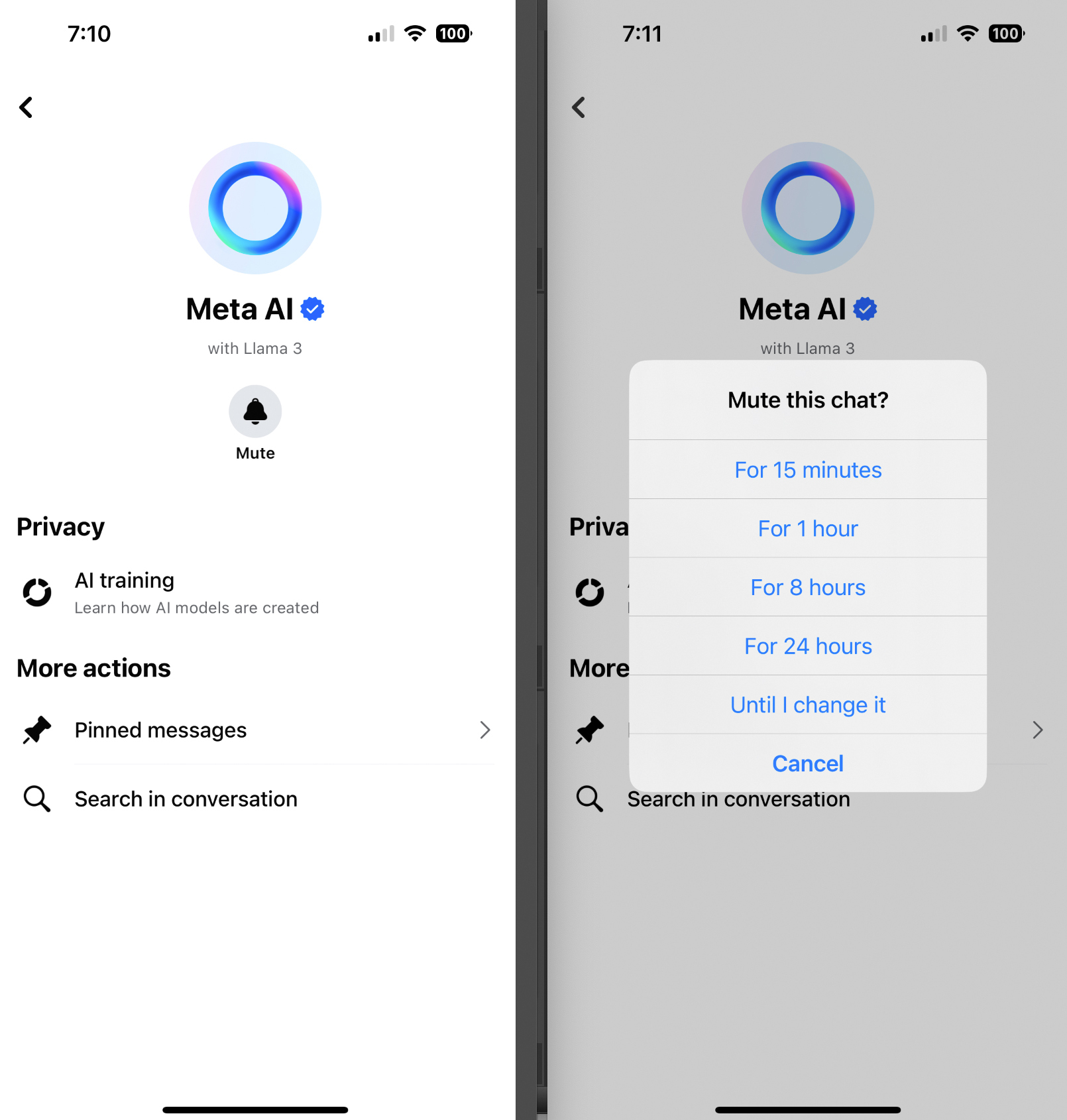 Two screenshots taken from a smartphone on Thursday, May 30, 2024, show the steps needed to mute the &quot;Ask Meta AI anything&quot; chatbot on the Facebook and Instagram apps<br />(AP Photo)