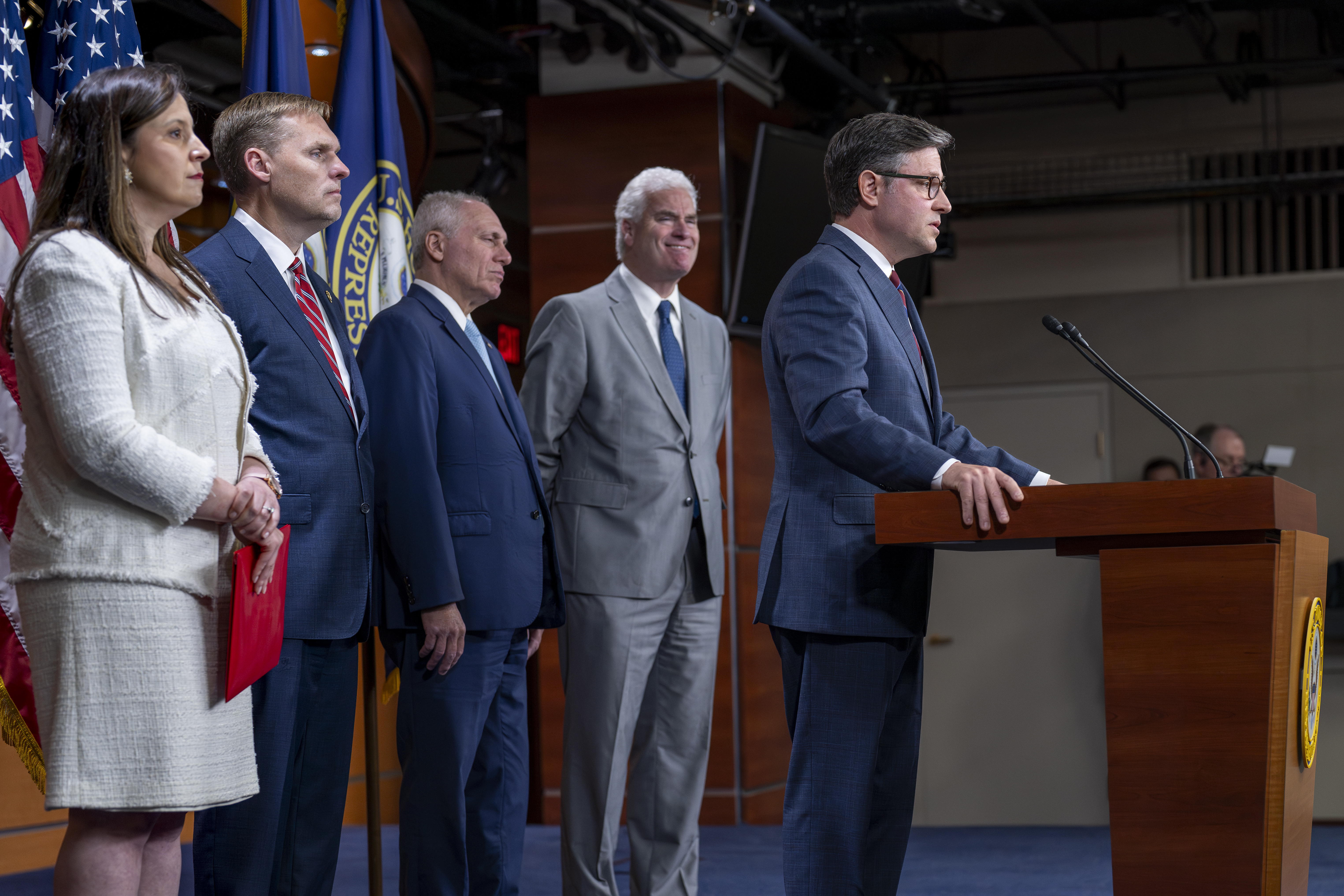 Speaker of the House Mike Johnson, R-La., right, and other Republican leaders, from left, GOP Conference Chair Elise Stefanik, R-NY, Rep. Michael Guest, R-Miss., House Majority Leader Steve Scalise, R-La., and Majority Whip Tom Emmer, R-Minn., meet with reporters to condemn former President Donald Trump&#039;s guilty conviction in a New York court last week, at the Capitol in Washington, June 4, 2024.<br />(J. Scott Applewhite / AP Photo)