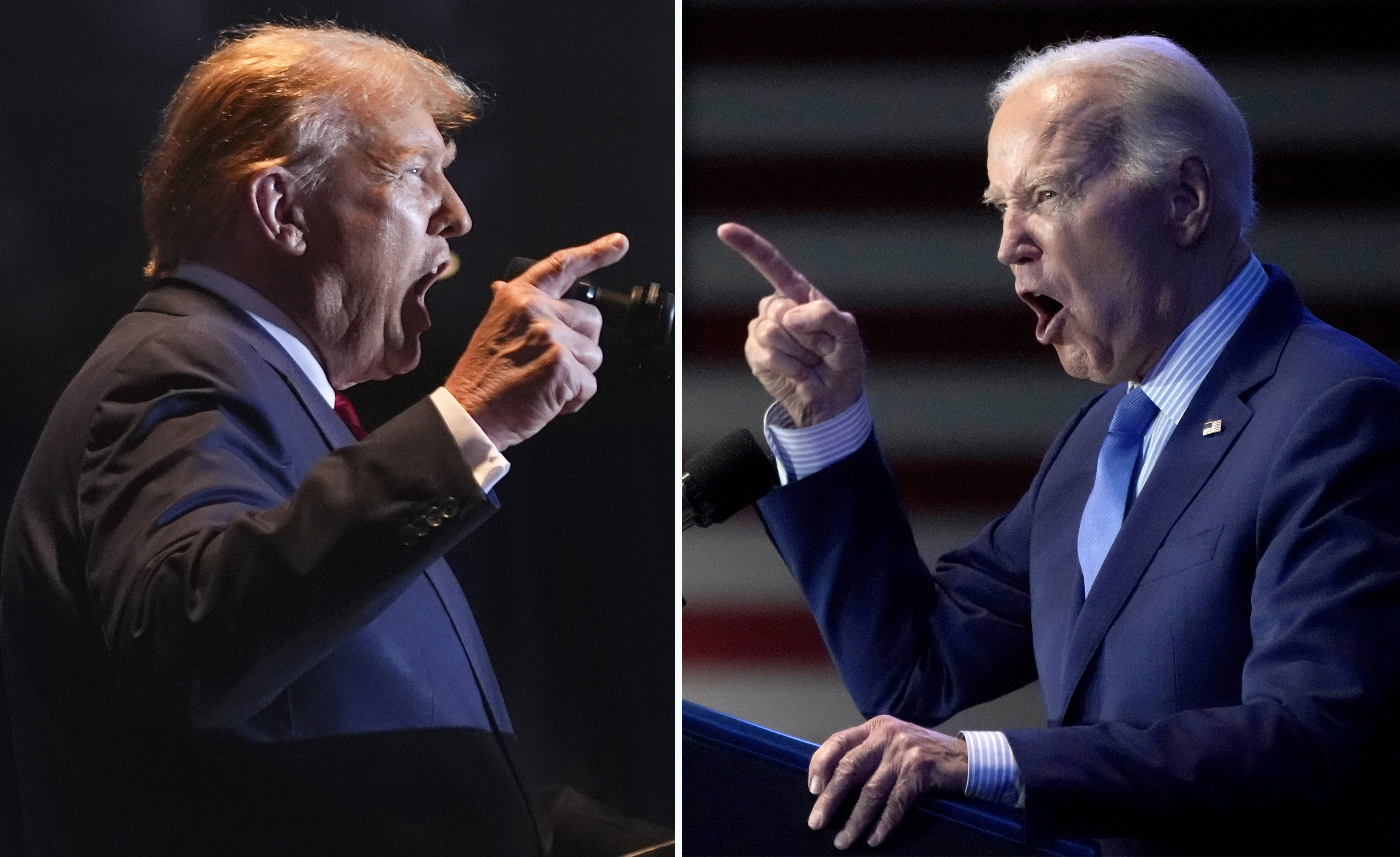 This combination of photos taken in Columbia, S.C. shows former President Donald Trump, left, on Feb. 24, 2024, and President Joe Biden on Jan. 27, 2024.<br />(AP File Photos)