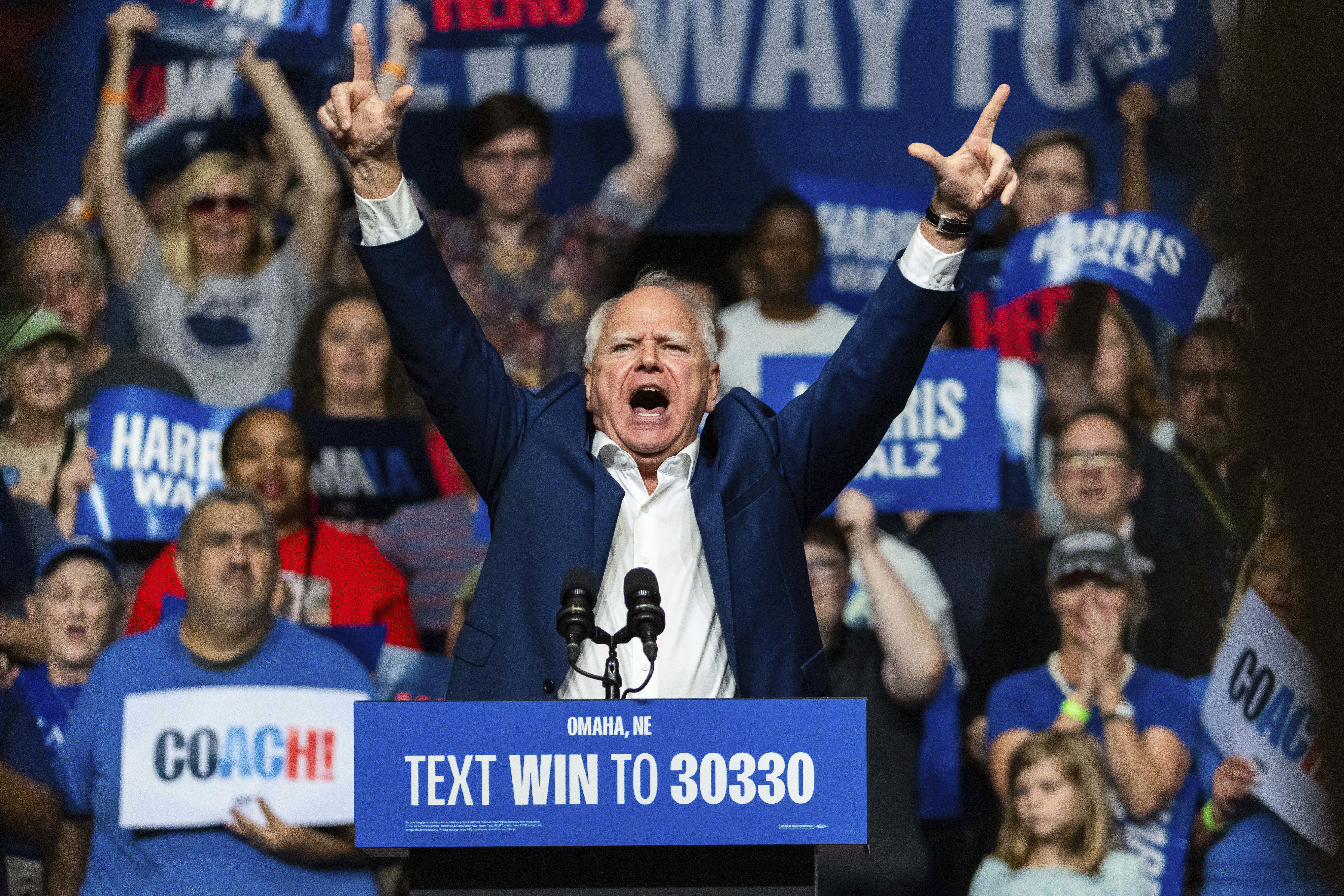 Democratic vice presidential nominee Minnesota Gov. Tim Walz speaks at a campaign rally, Saturday, Aug. 17, 2024, at The Astro in La Vista, Neb.<br />(Bonnie Ryan / AP Photo)