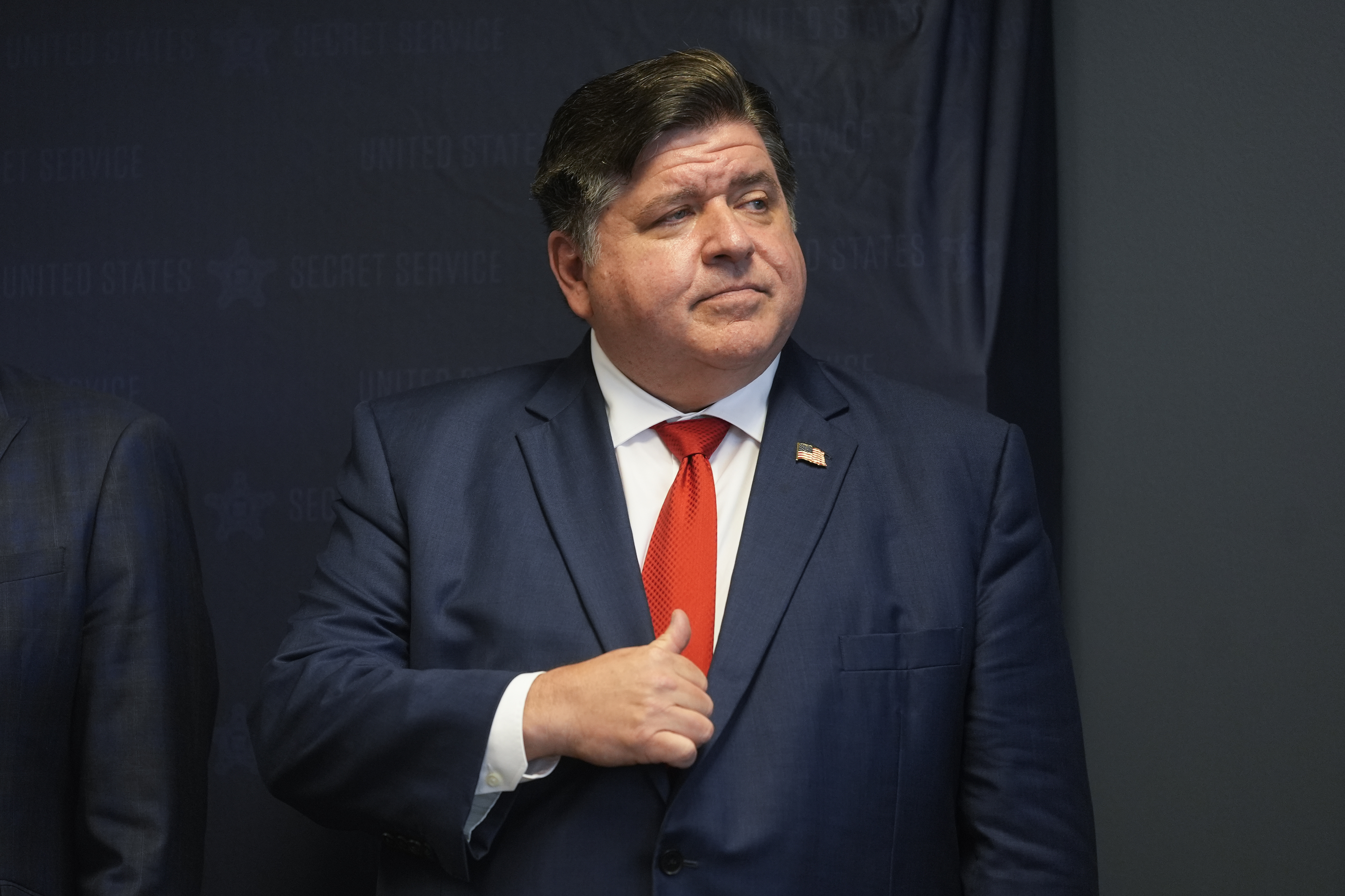 Illinois Gov. JB Pritzker speaks during a Democratic National Convention security briefing at the U.S. Secret Service&#039;s Chicago Field Office, Thursday, July 25, 2024, in Chicago.<br /> (Erin Hooley / AP Photo)