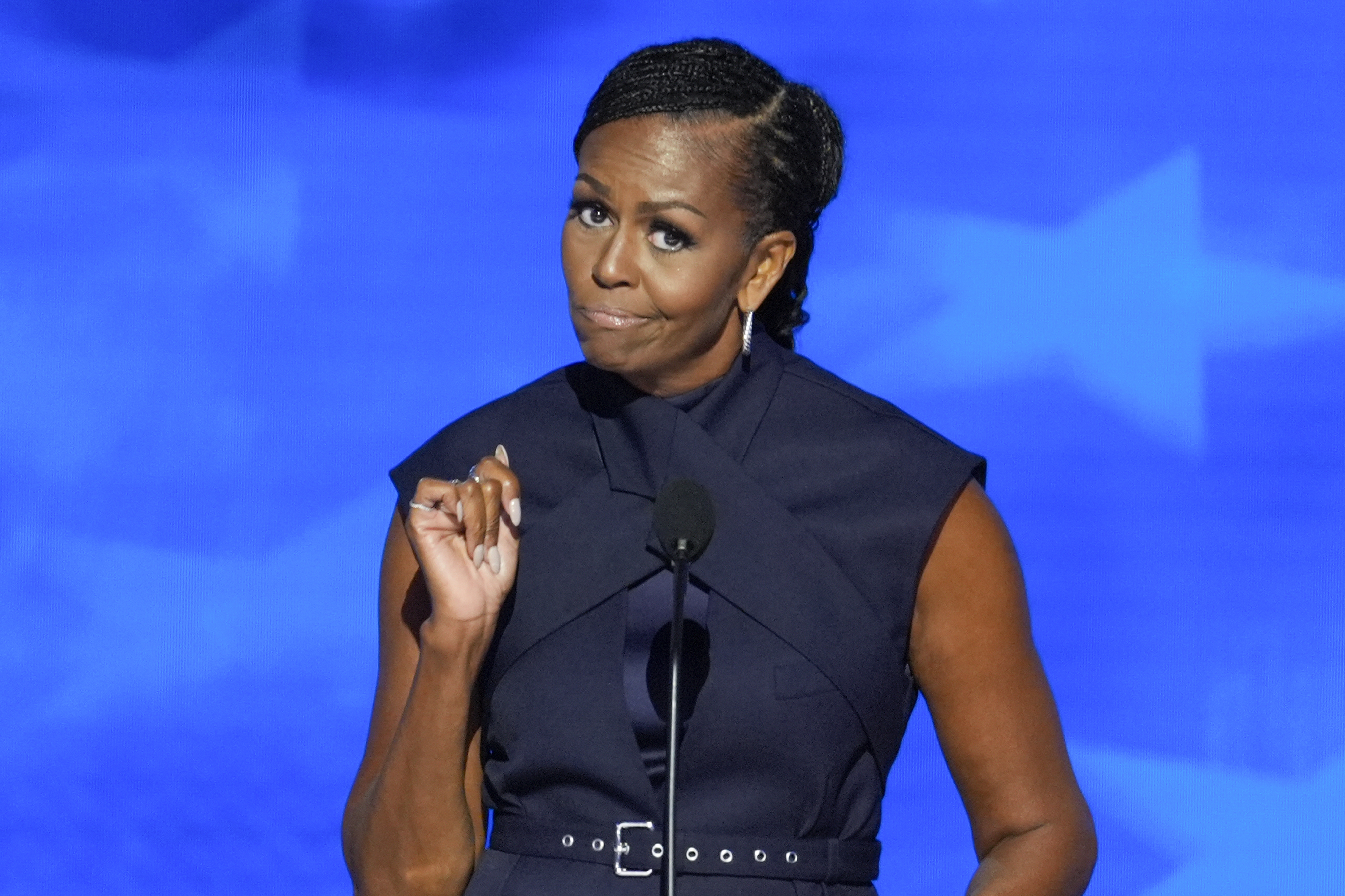 Former first lady Michelle Obama speaking during the Democratic National Convention Tuesday, Aug. 20, 2024, in Chicago.<br />(J. Scott Applewhite / AP Photo