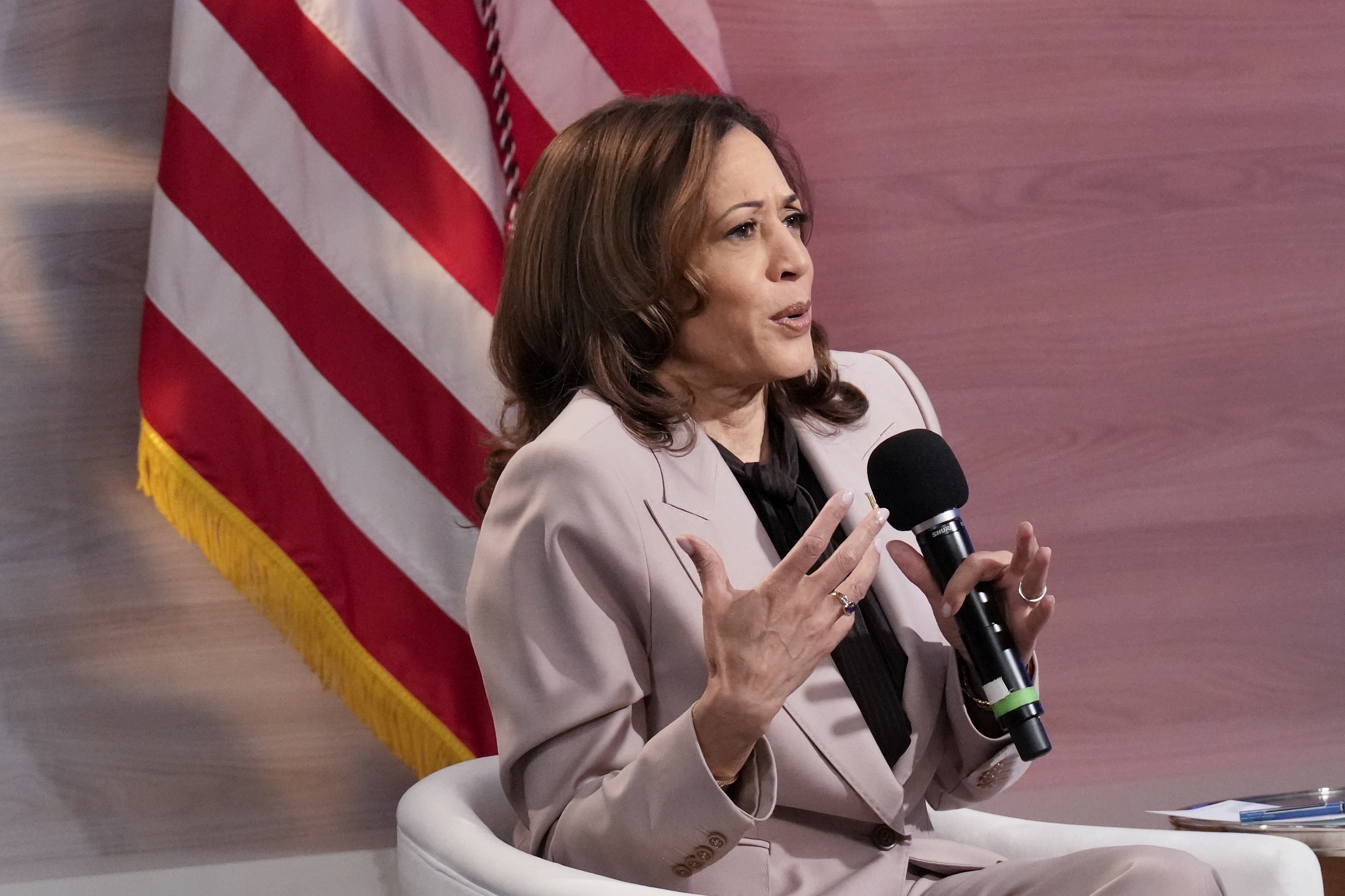 Democratic presidential nominee Vice President Kamala Harris is interviewed by the National Association of Black Journalists at the WHYY studio in Philadelphia, Tuesday, Sept. 17, 2024.<br /> (Jacquelyn Martin / AP Photo)