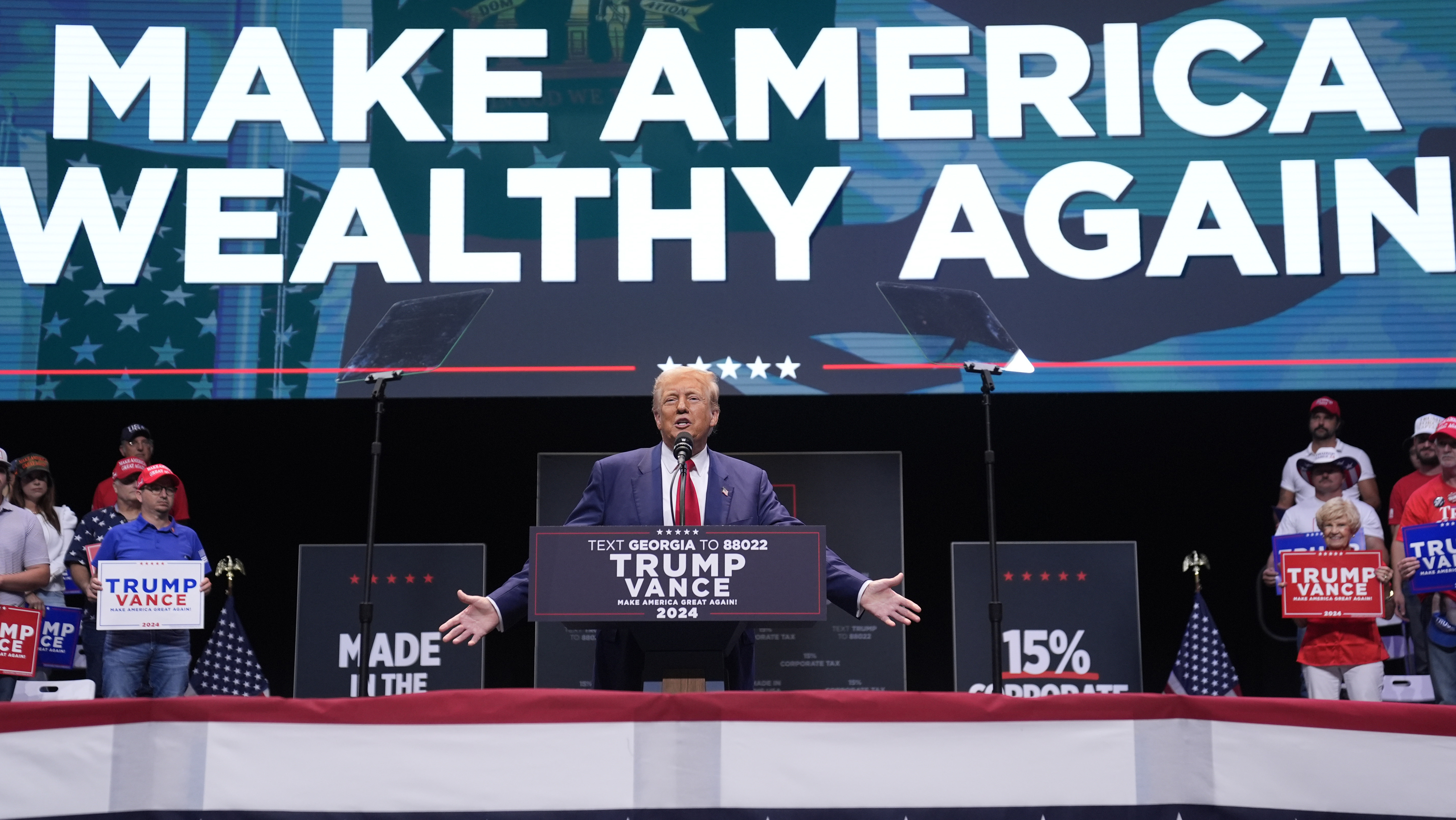 Republican presidential nominee former President Donald Trump speaks about the tax code and manufacturing at the Johnny Mercer Theatre Civic Center, Tuesday, Sept. 24, 2024, in Savannah, Ga.<br />(Evan Vucci / AP Photo)
