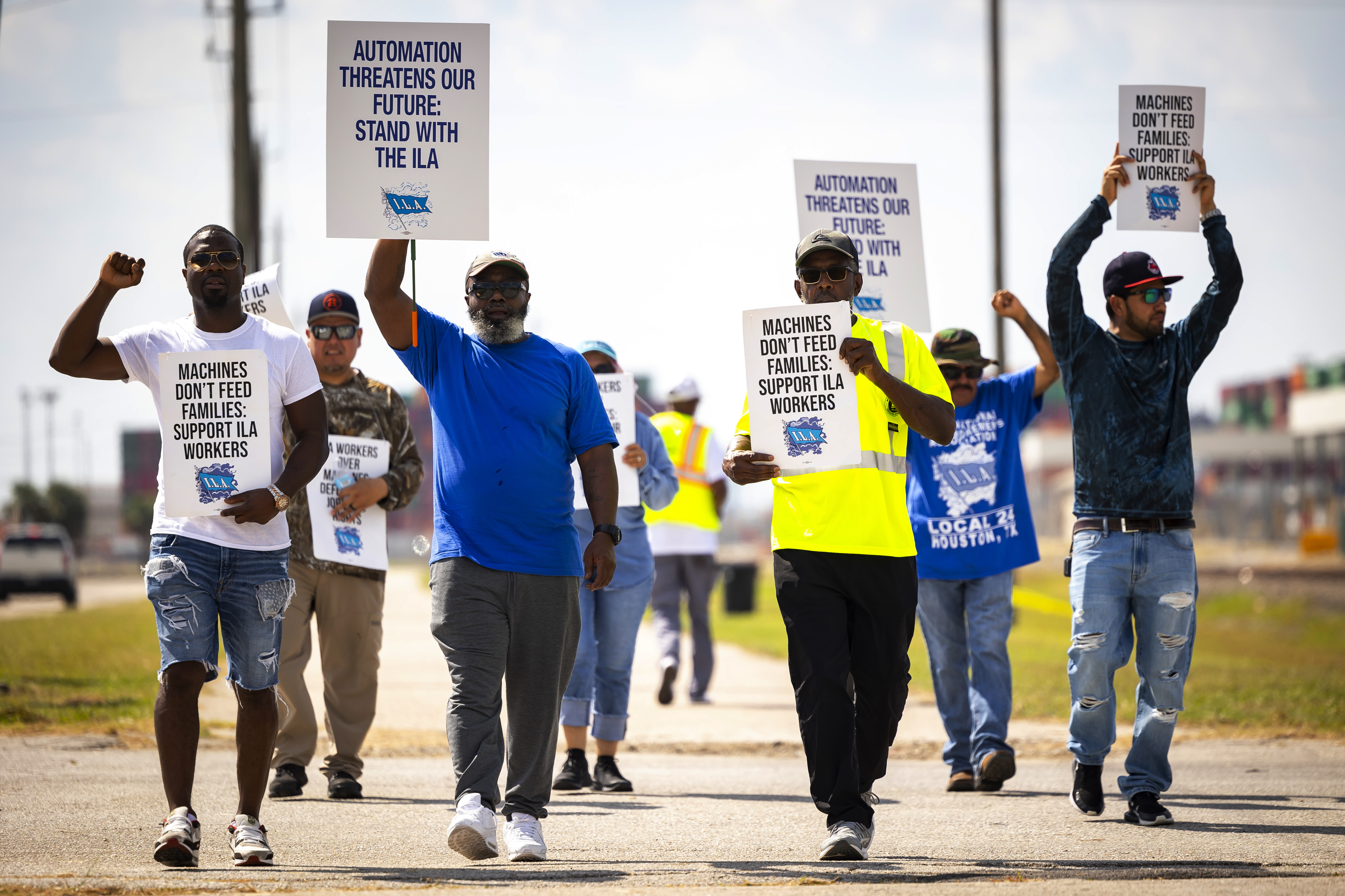 Longshoremen walk the picket line at the Barbours Cut Container Terminal during the first day of a dockworkers strike on Tuesday, Oct. 1, 2024, in Houston.<br />(Annie Mulligan / AP Photo)