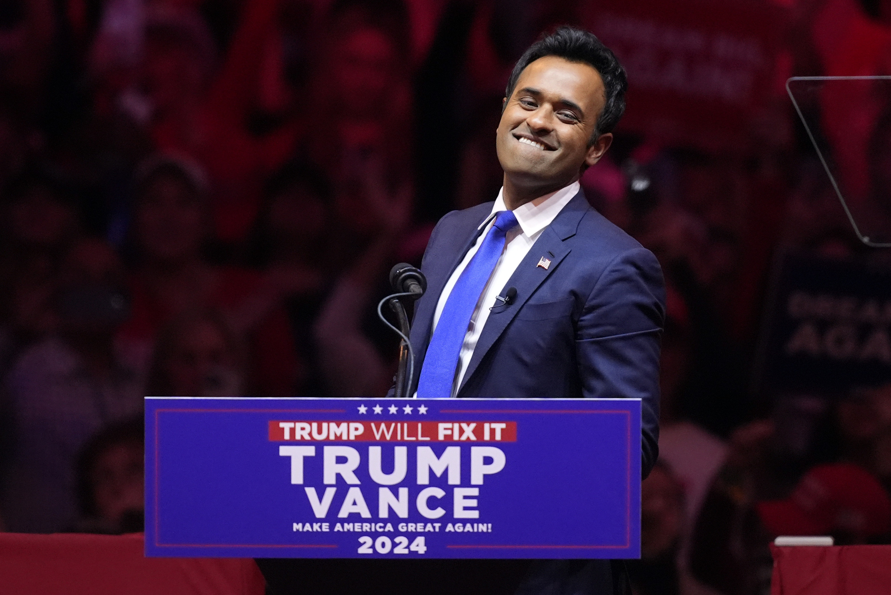 Vivek Ramaswamy speaks before Republican presidential nominee former President Donald Trump at a campaign rally at Madison Square Garden, Sunday, Oct. 27, 2024, in New York.<br />(Evan Vucci / AP Photo)