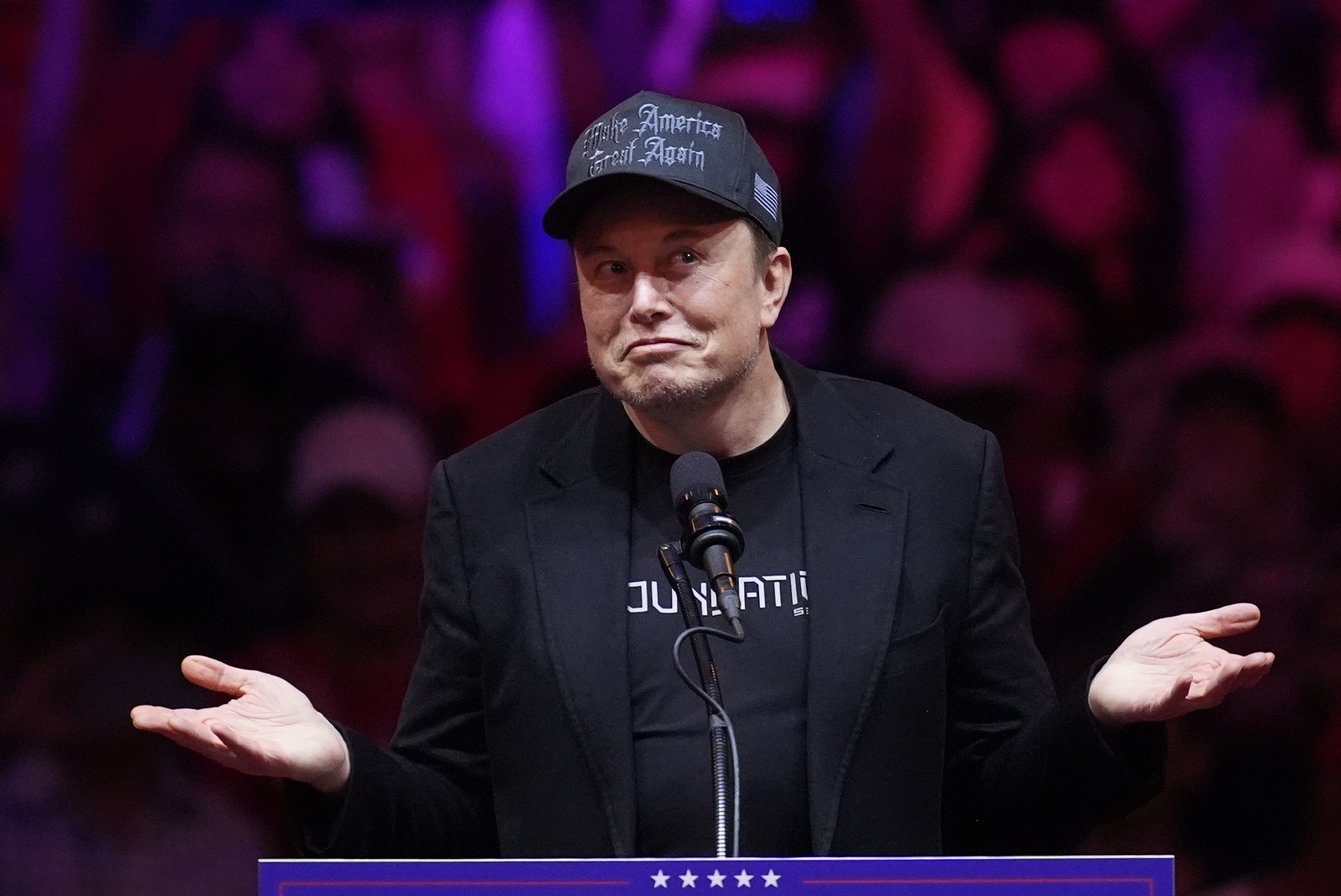 Elon Musk speaks before Republican presidential nominee former President Donald Trump at a campaign rally at Madison Square Garden, Sunday, Oct. 27, 2024, in New York.<br />(Evan Vucci / AP Photo)