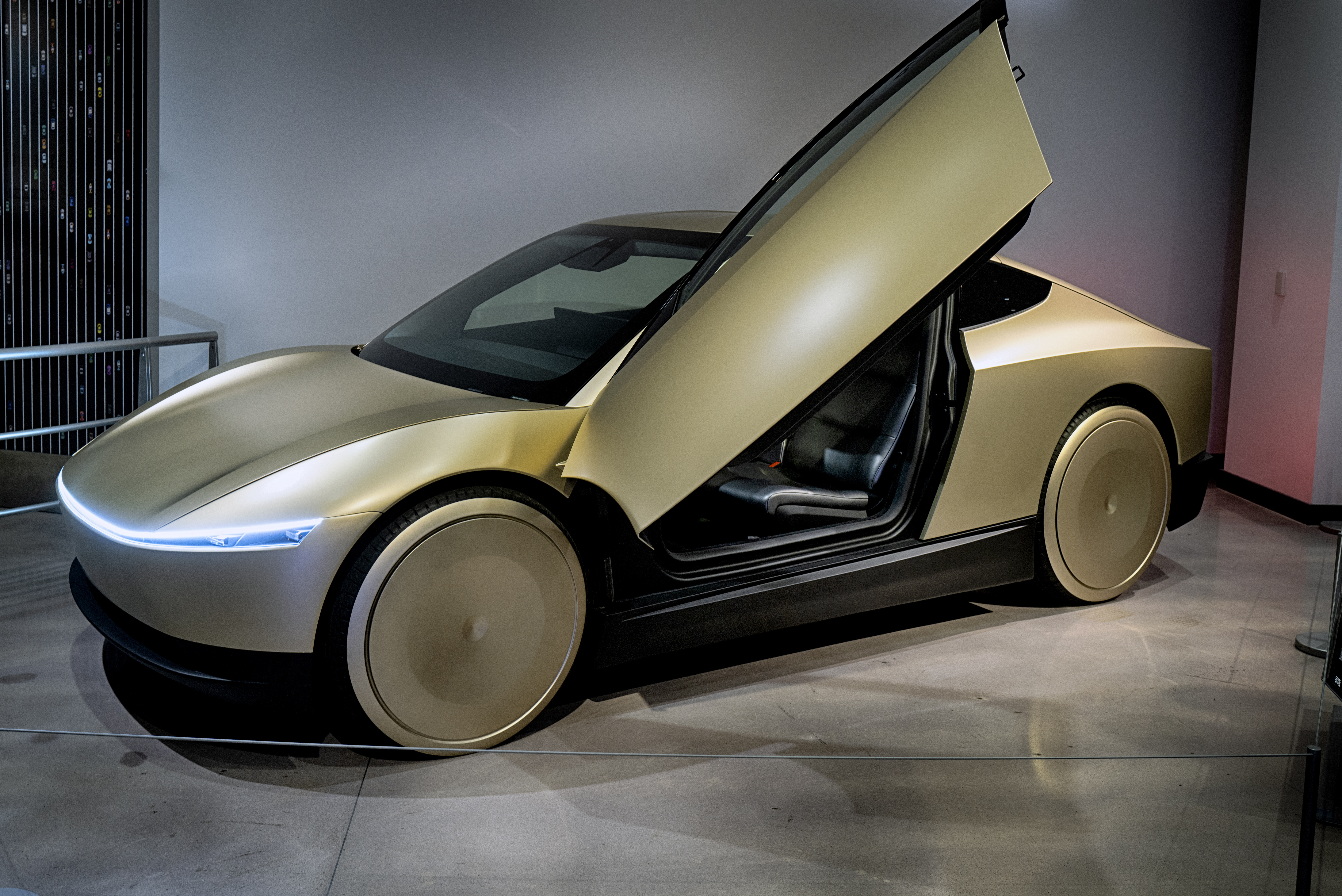 A fully functional, pre-production Tesla Cybercab, also known as the Robotaxi, is seen on display at the Petersen Automotive Museum in Los Angeles on Friday, Nov. 29,2024.<br />(Richard Vogel / AP Photo)