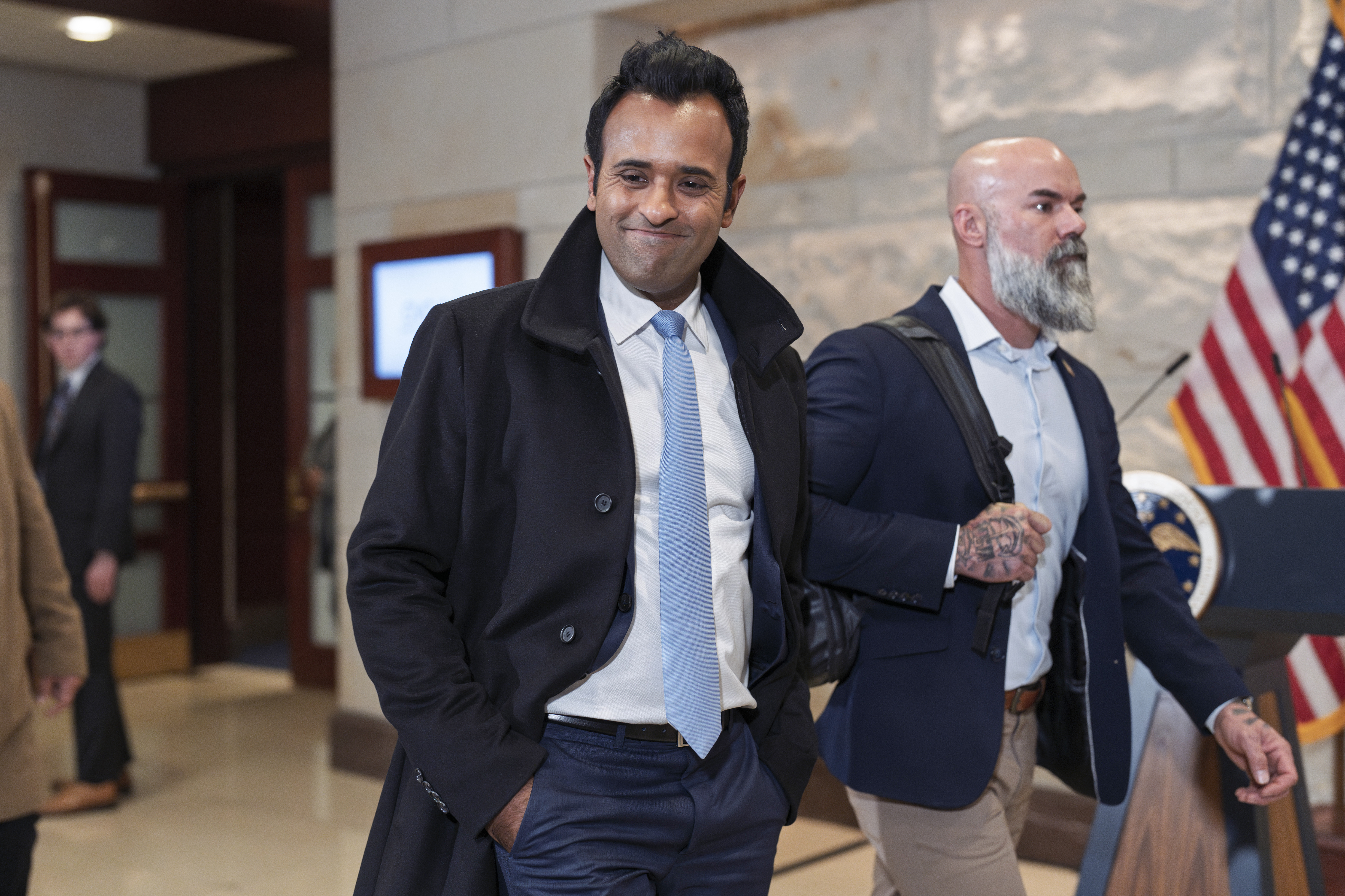 Vivek Ramaswamy arrives at the Capitol in Washington, Thursday, Dec. 5, 2024, to meet with Speaker of the House Mike Johnson, R-La., and billionaire Elon Musk as they convene a meeting of the unofficial Department of Government Efficiency, or DOGE, as envisioned by President-elect Donald Trump.<br />(J. Scott Applewhite / AP Photo)