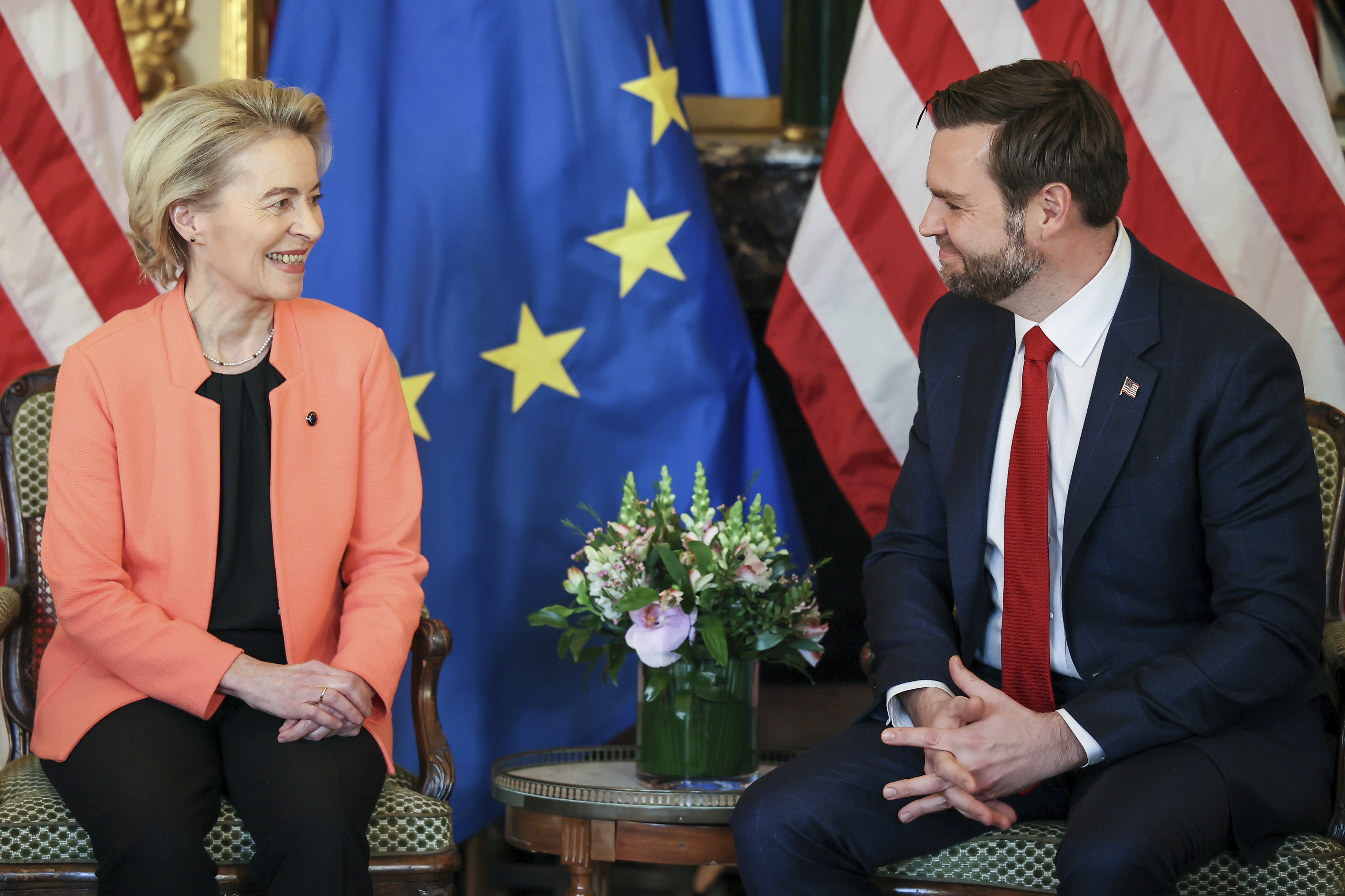 United States Vice-President JD Vance (right) meets with European Commission President Ursula von der Leyen during a bilateral meeting on the sidelines of the Artificial Intelligence Action Summit in Paris, Tuesday, Feb. 11, 2025.<br />(Thomas Padilla / AP Photo)