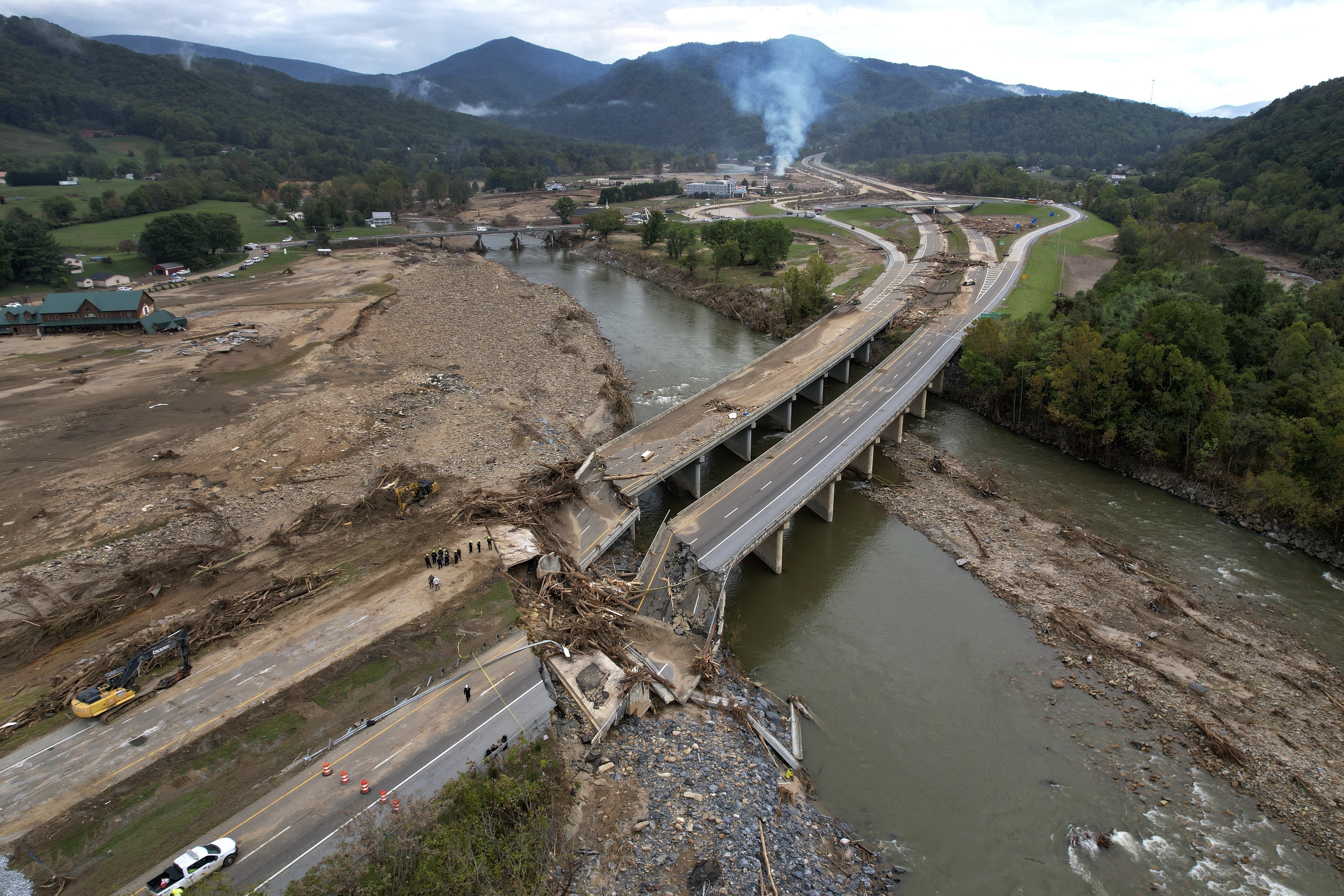 A bridge along Interstate 26 is destroyed in the aftermath of Hurricane Helene, Oct. 4, 2024, in Erwin, Tenn.<br />(Jeff Roberson / AP Photo)