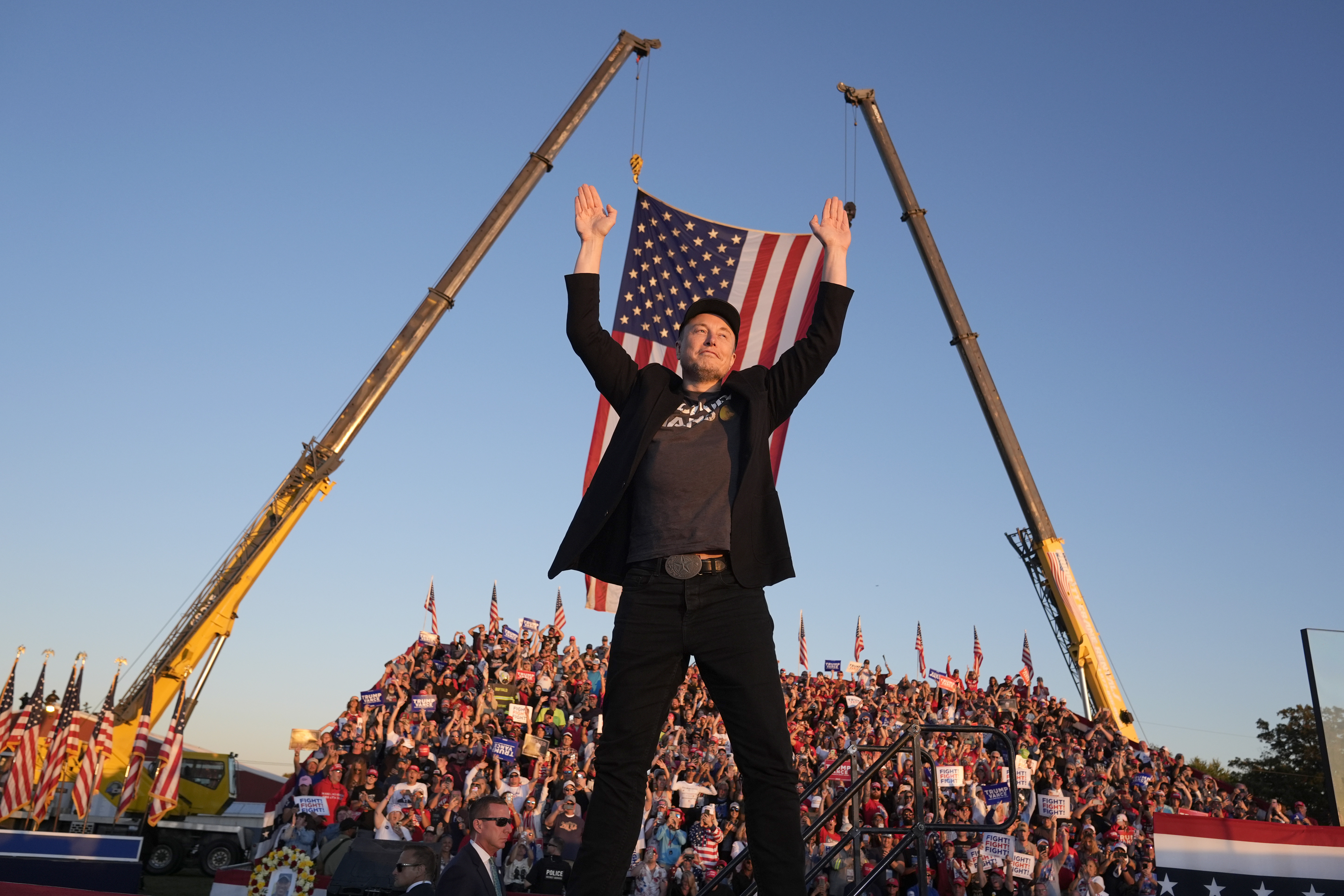 Tesla and SpaceX CEO Elon Musk walks to the stage to speak at the Butler Farm Show, Oct. 5, 2024, in Butler, Pa.<br /> (Alex Brandon / AP Photo)
