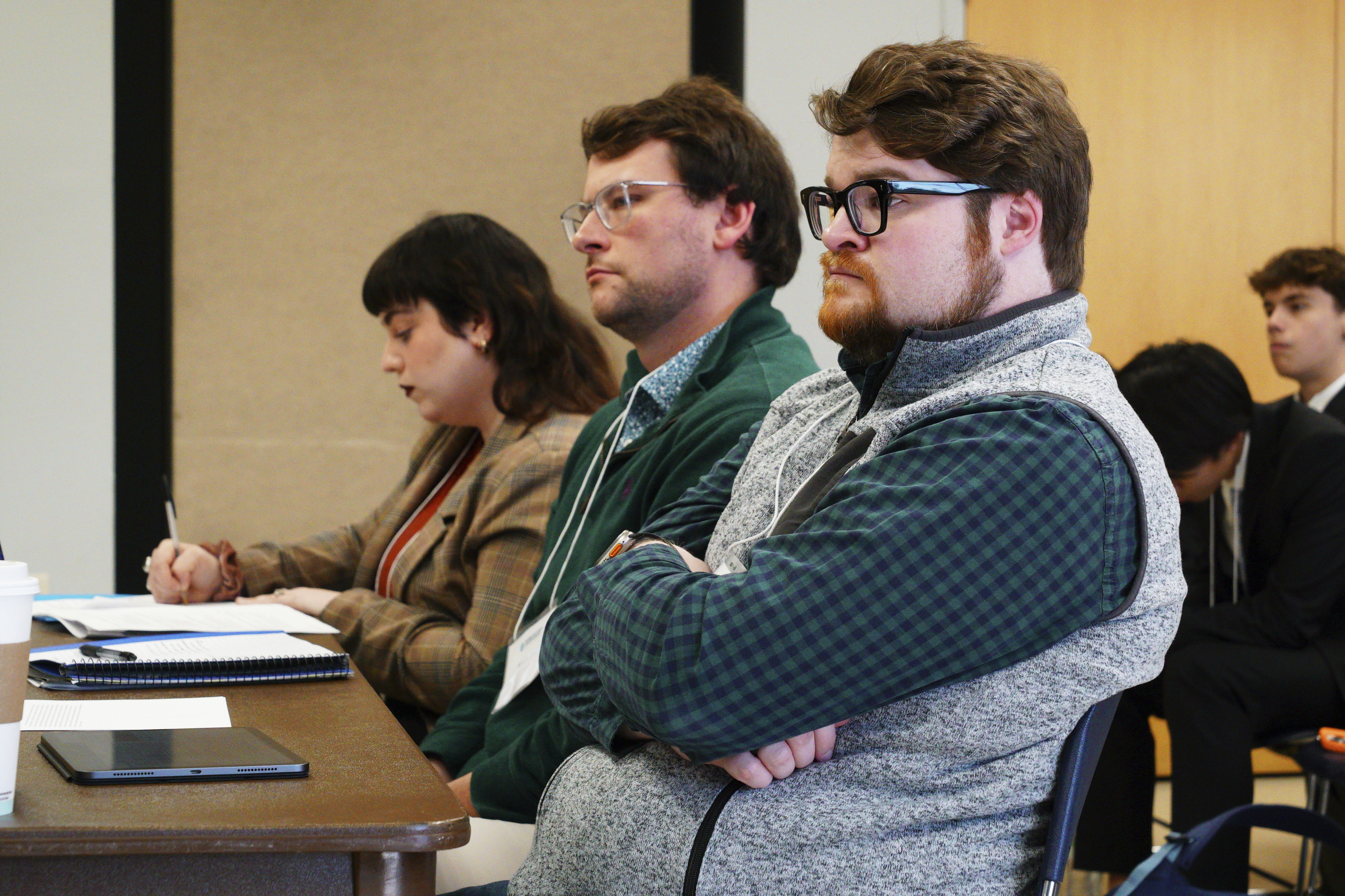 Three judges listen to questioning during a quarterfinal round of the National High School Ethics Bowl in Chapel Hill, N.C., on Sunday, April 13, 2025.<br />(Allen G. Breed / AP Photo)