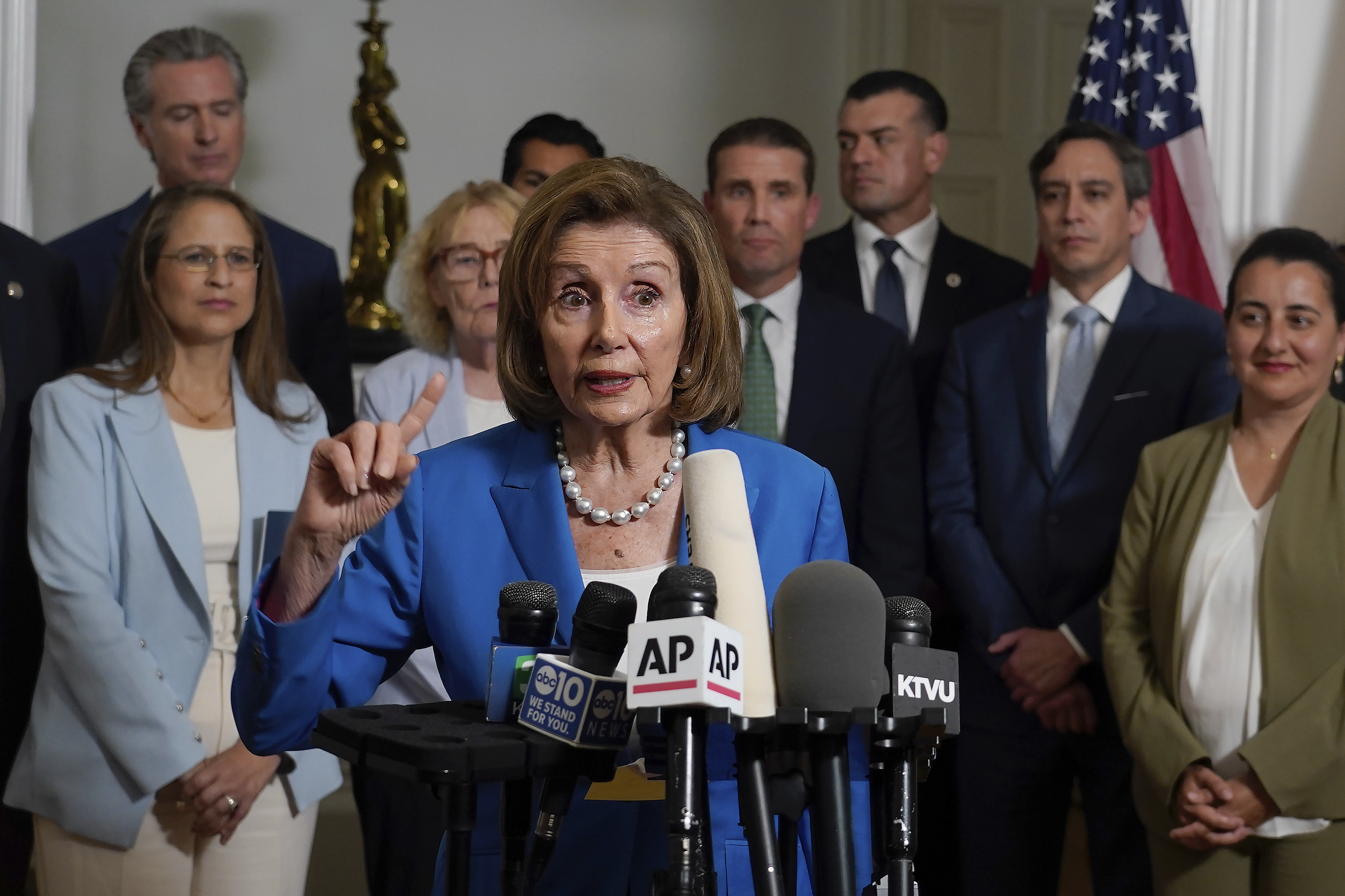Rep. Nancy Pelosi speaks in support of the Texas Democratic lawmakers for their walk out to block a vote on a congressional redistricting plan sought by President Donald Trump, during a news conference in Sacramento, Calif., Friday Aug. 8, 2025.<br />(Rich Pedroncelli / AP Photo)
