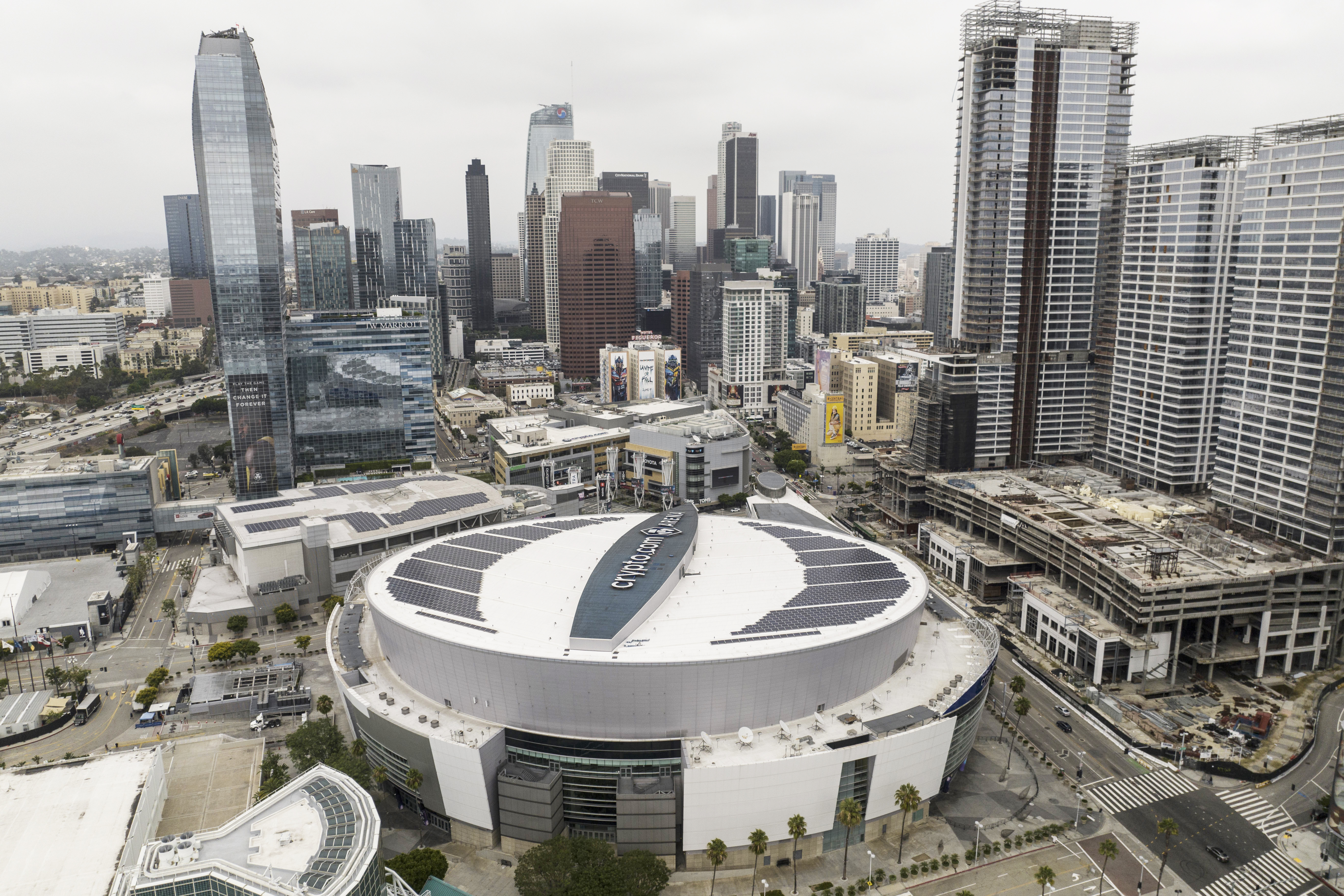 This aerial view shows Crypto.com Arena in downtown Los Angeles, Tuesday, Sept. 5, 2023.<br />(Jae C. Hong / AP Photo)
