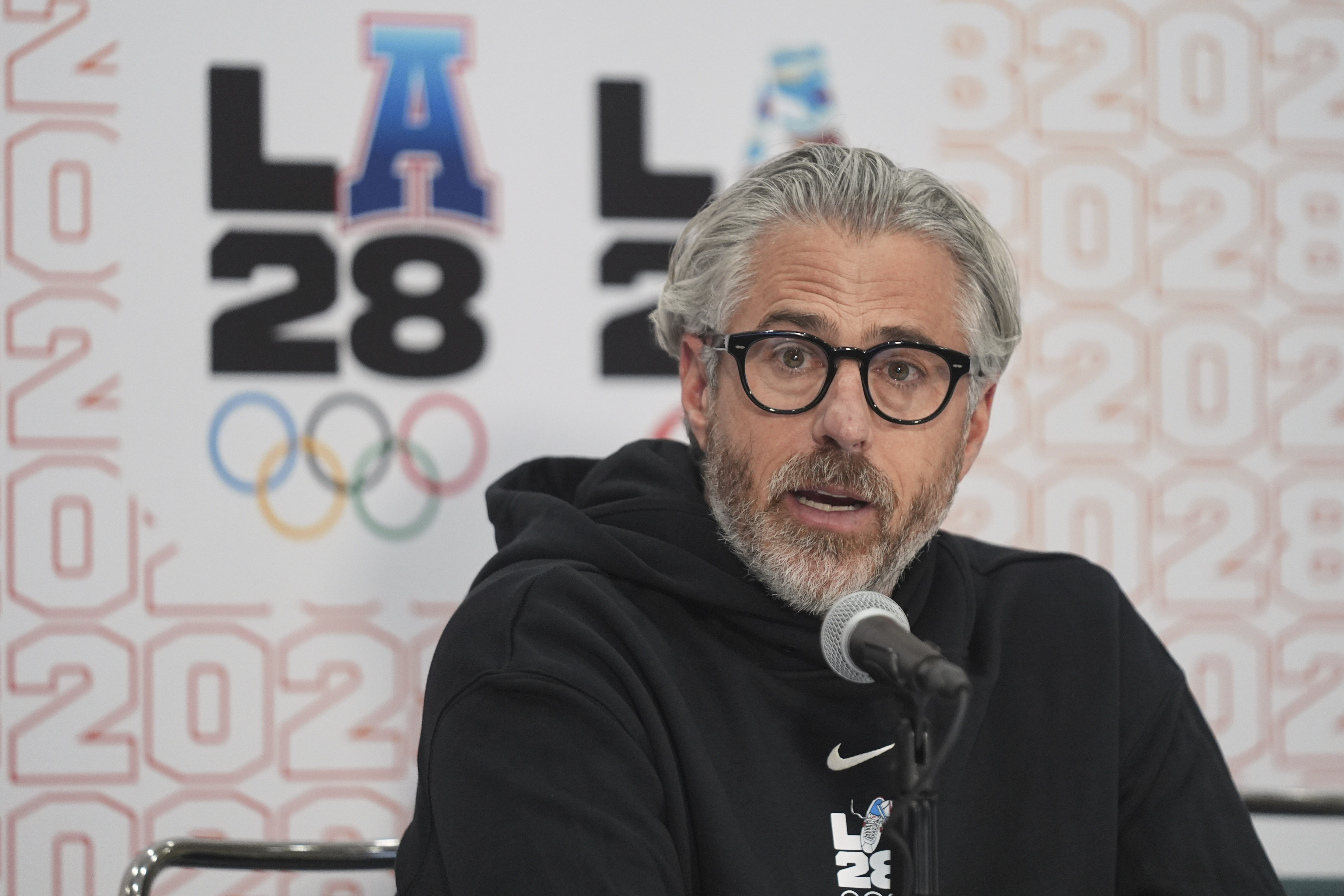 Casey Wasserman, LA28 chairperson and president, takes questions from the media during a news conference in Los Angeles, Thursday, June 5, 2025.<br />(Damian Dovarganes / AP Photo)