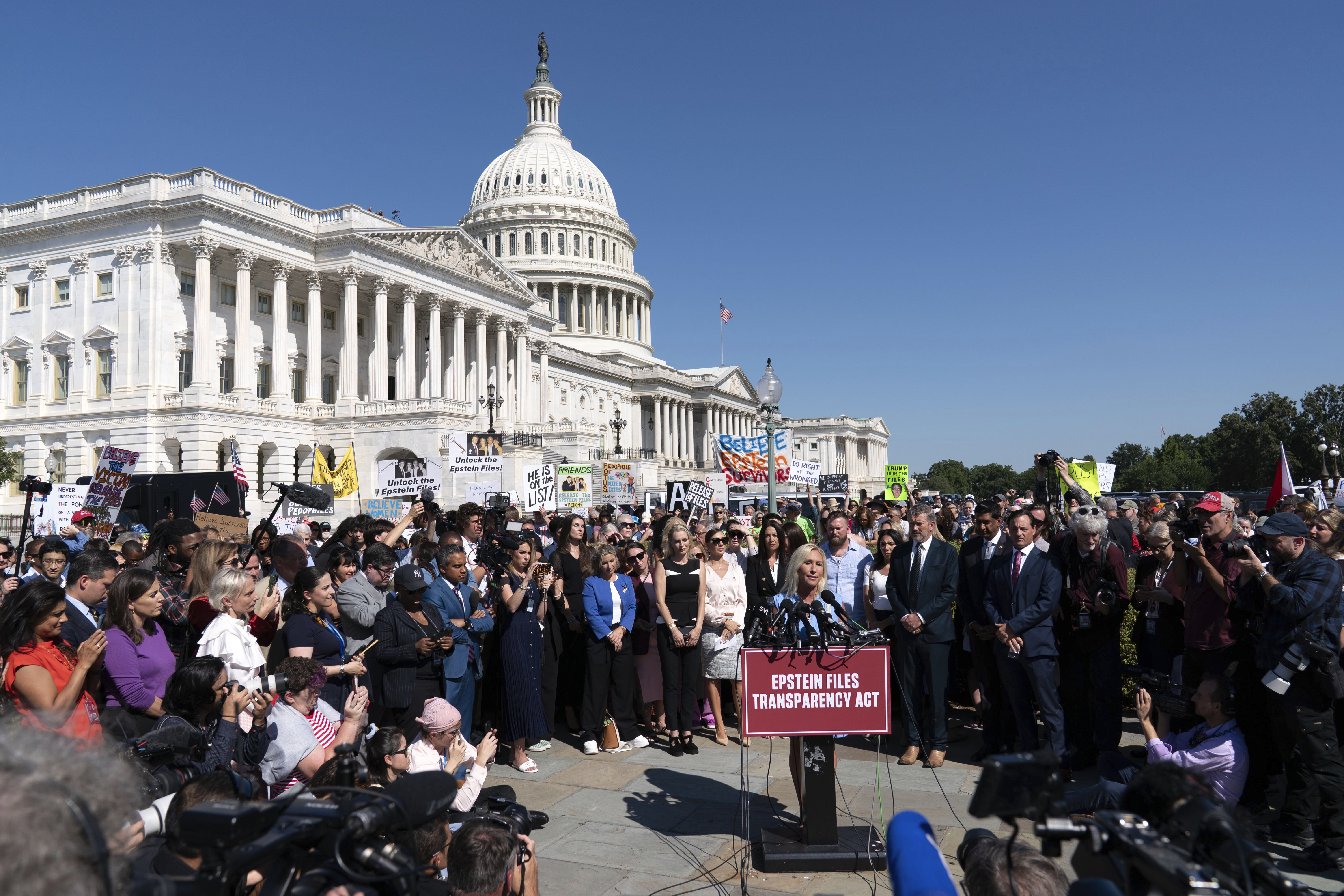 Rep. Marjorie Taylor Greene, R-Ga along with victims of Jeffrey Epstein and Ghislaine Maxwell&#039;s abuse, speaks during a news conference at the U.S. Capitol, Wednesday, Sept. 3, 2025, in Washington.<br />(Jose Luis Magana / AP Photo)