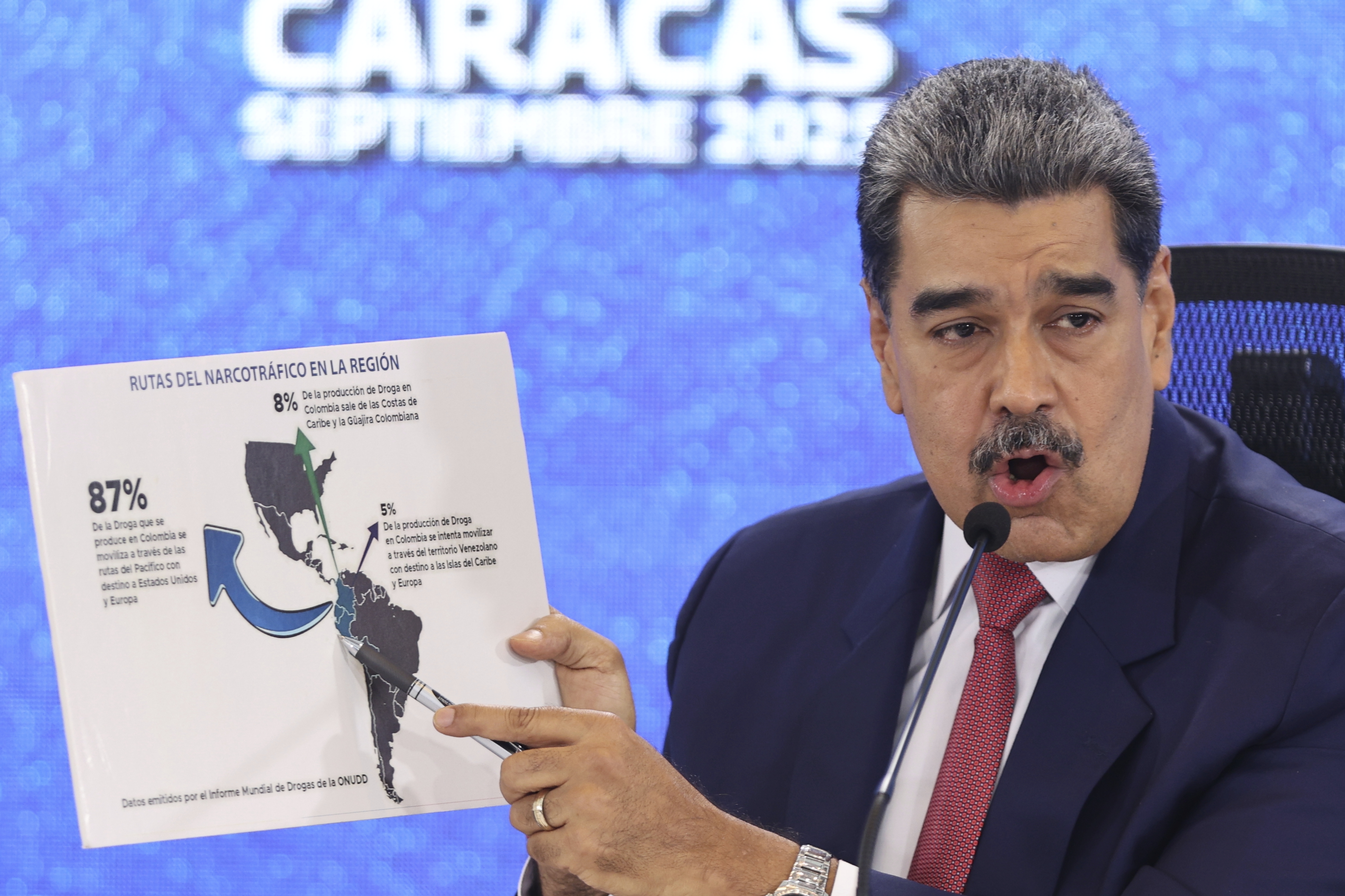 Venezuelan President Nicolas Maduro points at a map of the Americas during a press conference in Caracas, Venezuela, Monday, Sept 15, 2025.<br />(Jesus Vargas / AP Photo)