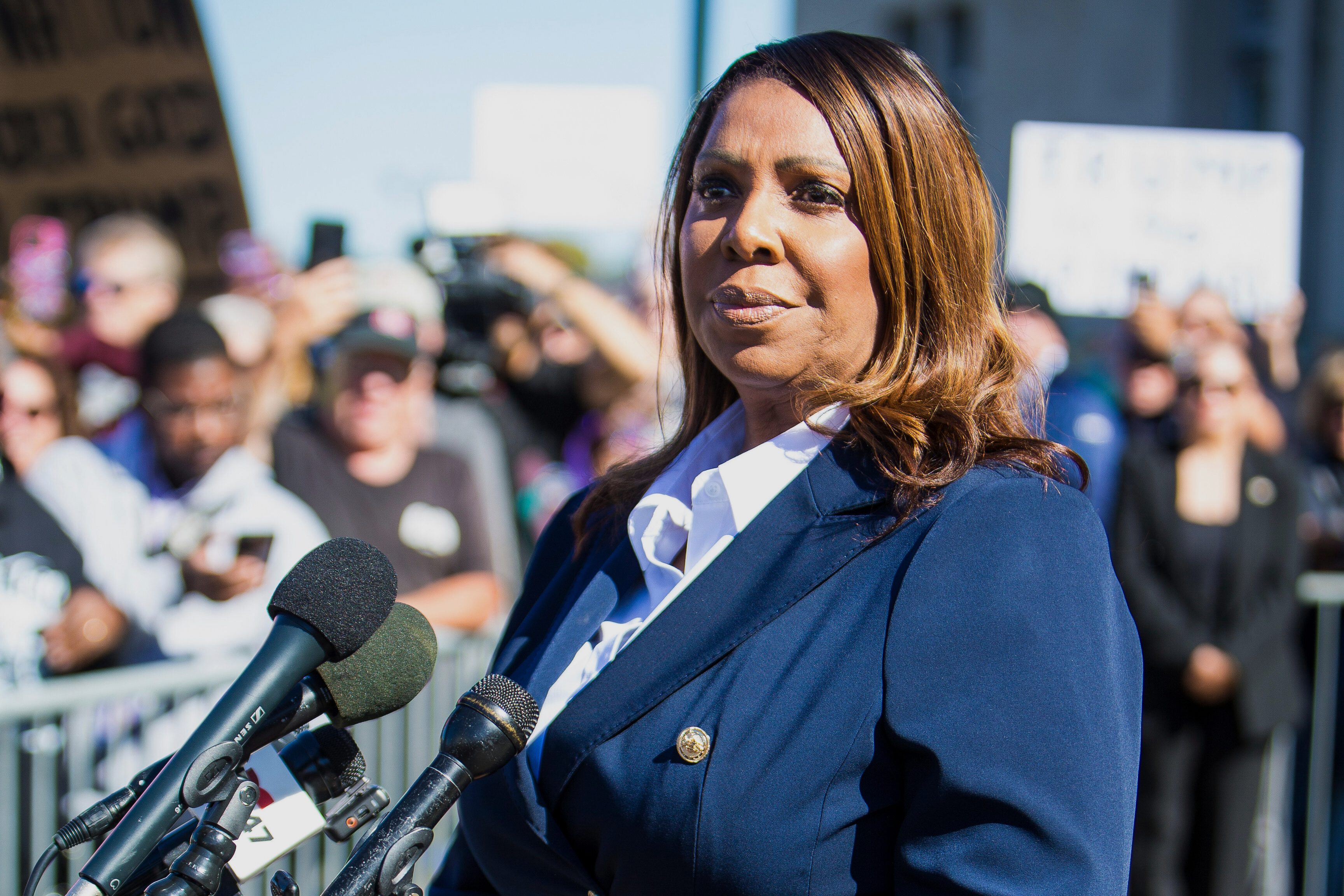 New York Attorney General, Letitia James, speaks after pleading not guilty outside the United States District Court on Friday, Oct. 24, 2025, in Norfolk, Va.<br />(John Clark / AP Photo)
