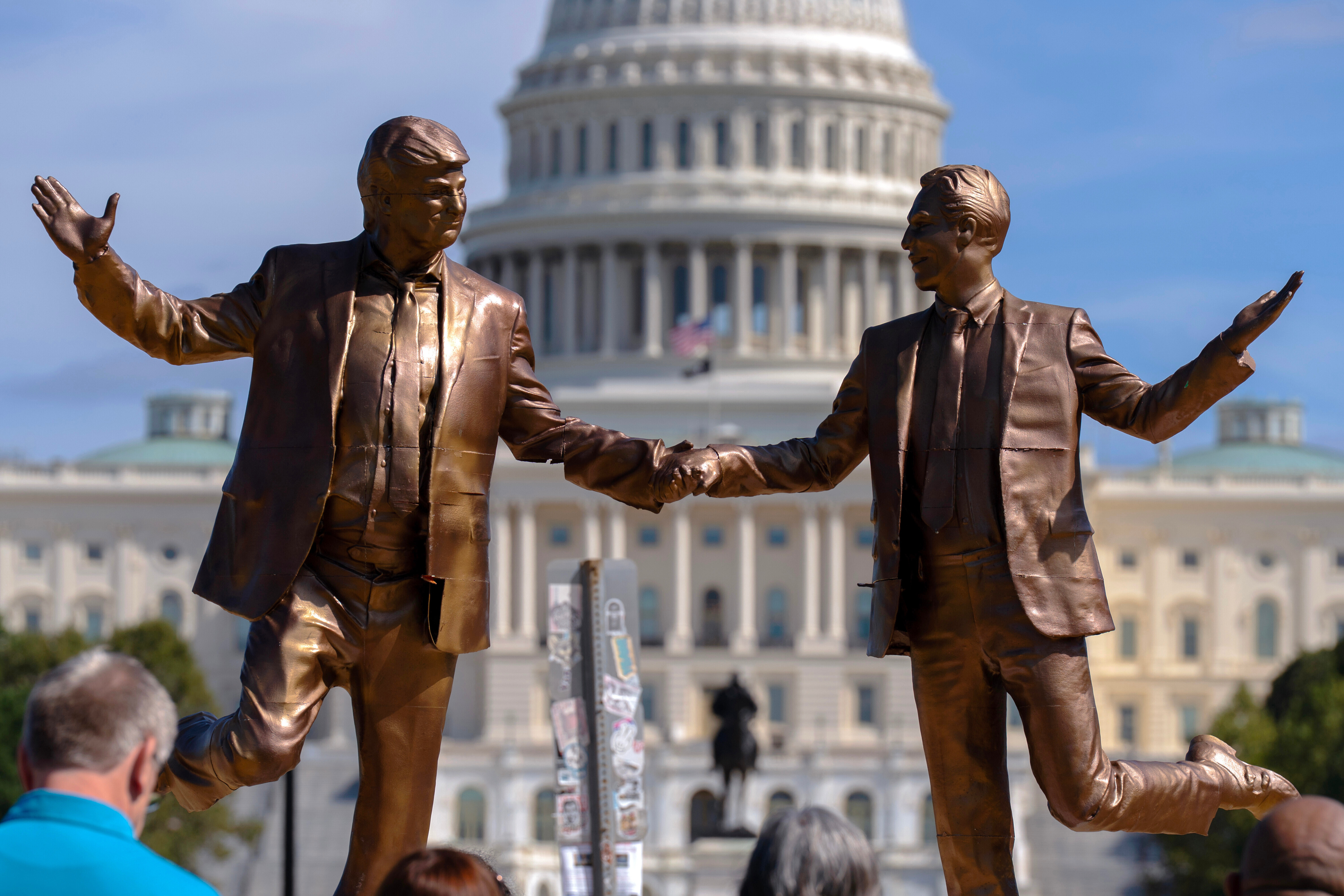 An art installation representing President Donald Trump and Jeffrey Epstein holding hands stands on the National Mall near the Capitol, Oct. 3, 2025, in Washington.<br />(Jose Luis Magana / AP Photo)