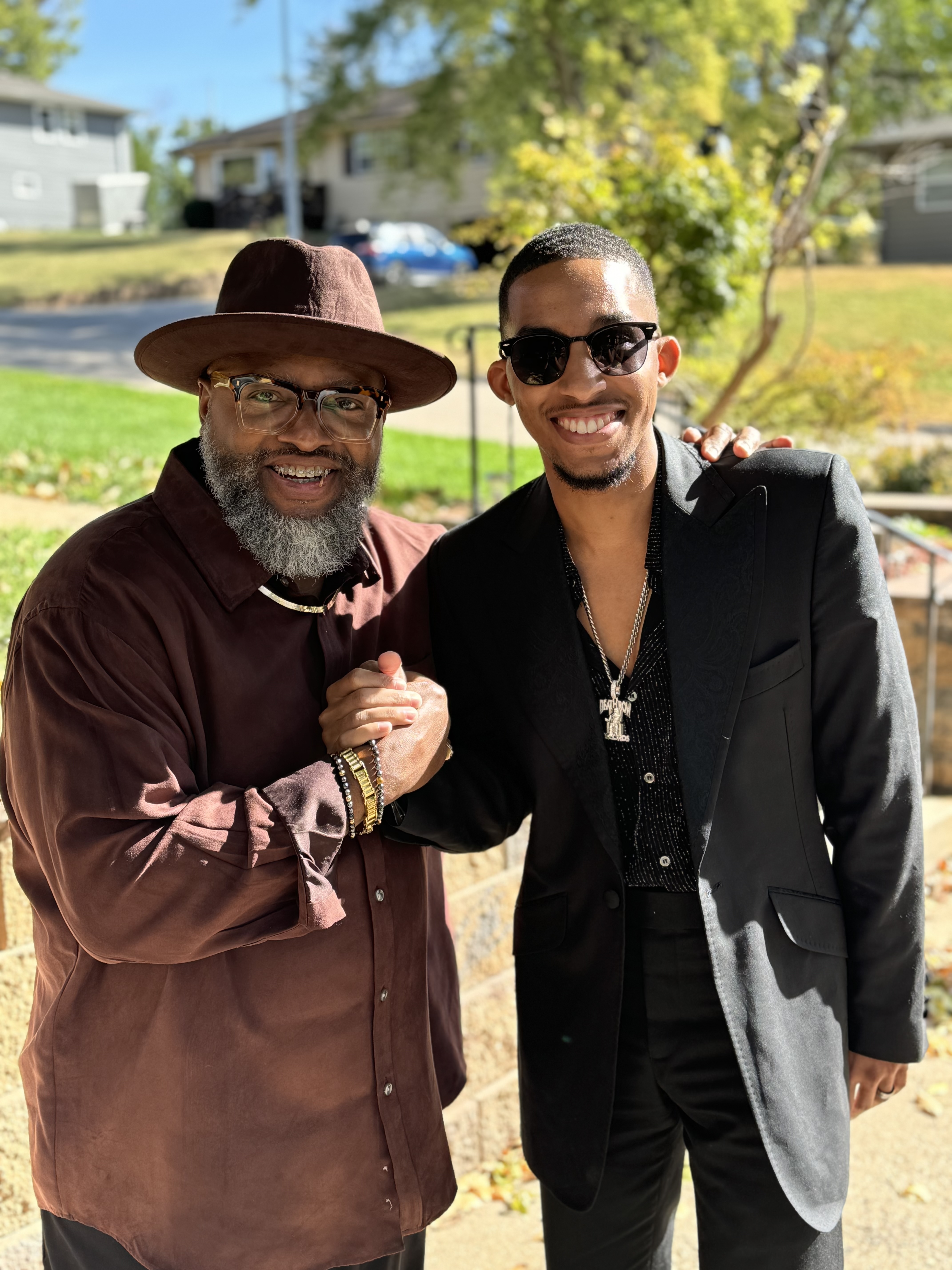 Omaha musician Keith Mills (left) with his nephew Dreion. Mills fed his nephew’s passion for music, occasionally bringing him along to gigs and letting him sit in with the band. “They knew he was gifted, and he always blew the crowd away. They were like, ’Who is this young cat?’”<br /> (Courtesy photo)
