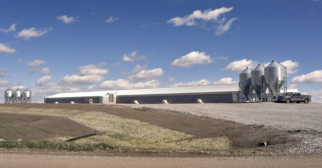 The 6,250-head Summit Pork swine finishing operation southwest of Adams in Gage County’s Hanover Township opened in 2023. It has generated complaints from some of its neighbors. Gage County supervisors last fall narrowly rejected Summit’s efforts to build a similar facility in the southeast corner of the county.<br />(Eric Gregory / Flatwater Free Press)