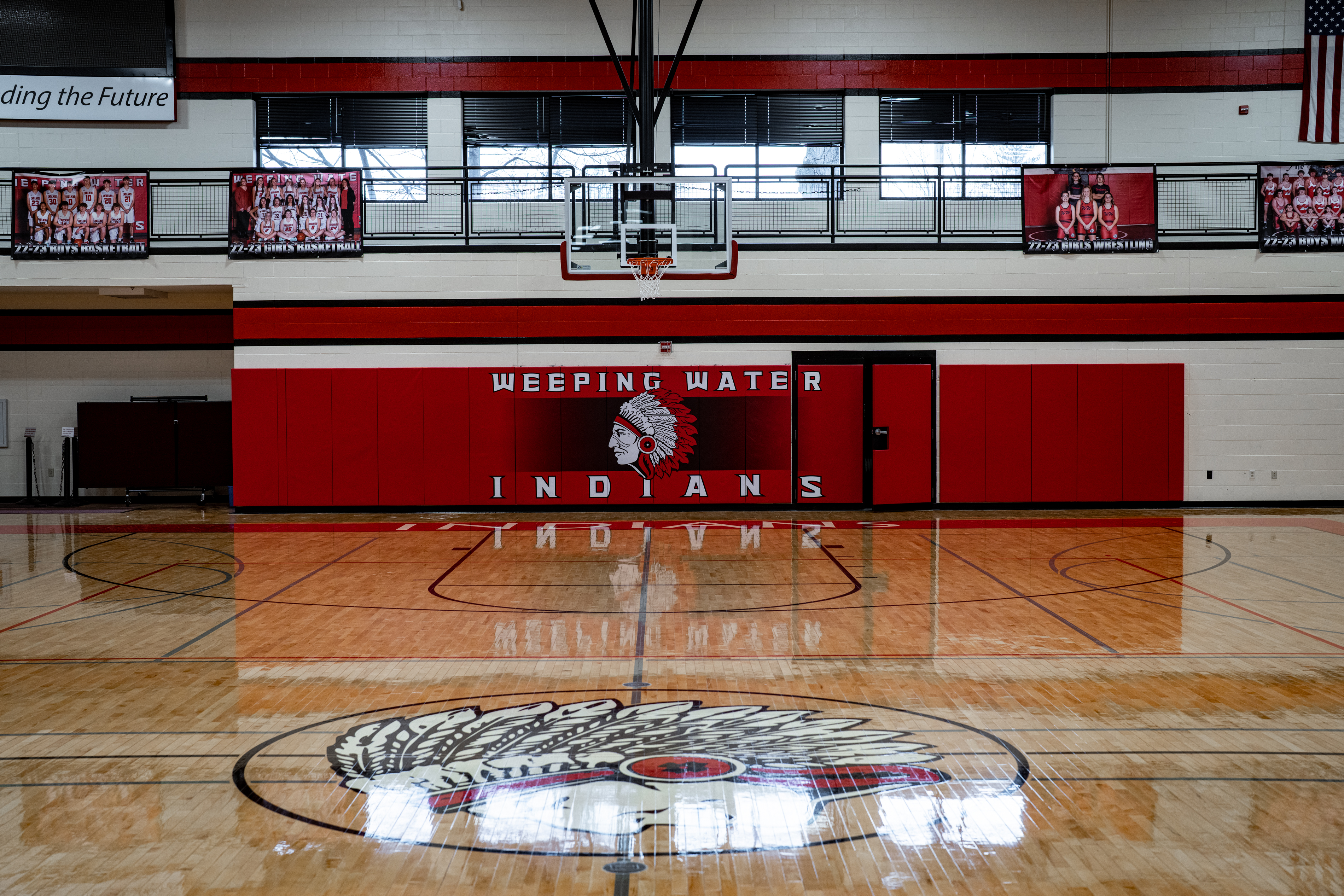 Weeping Water’s recently renovated gym, empty on a recent school day because school physicals were taking place. The small school district, located in southeast Nebraska between Lincoln and Omaha, went to a four-day school week at the start of the 2022-2023 school year.  (Abiola Kosoko / Flatwater Free Press)