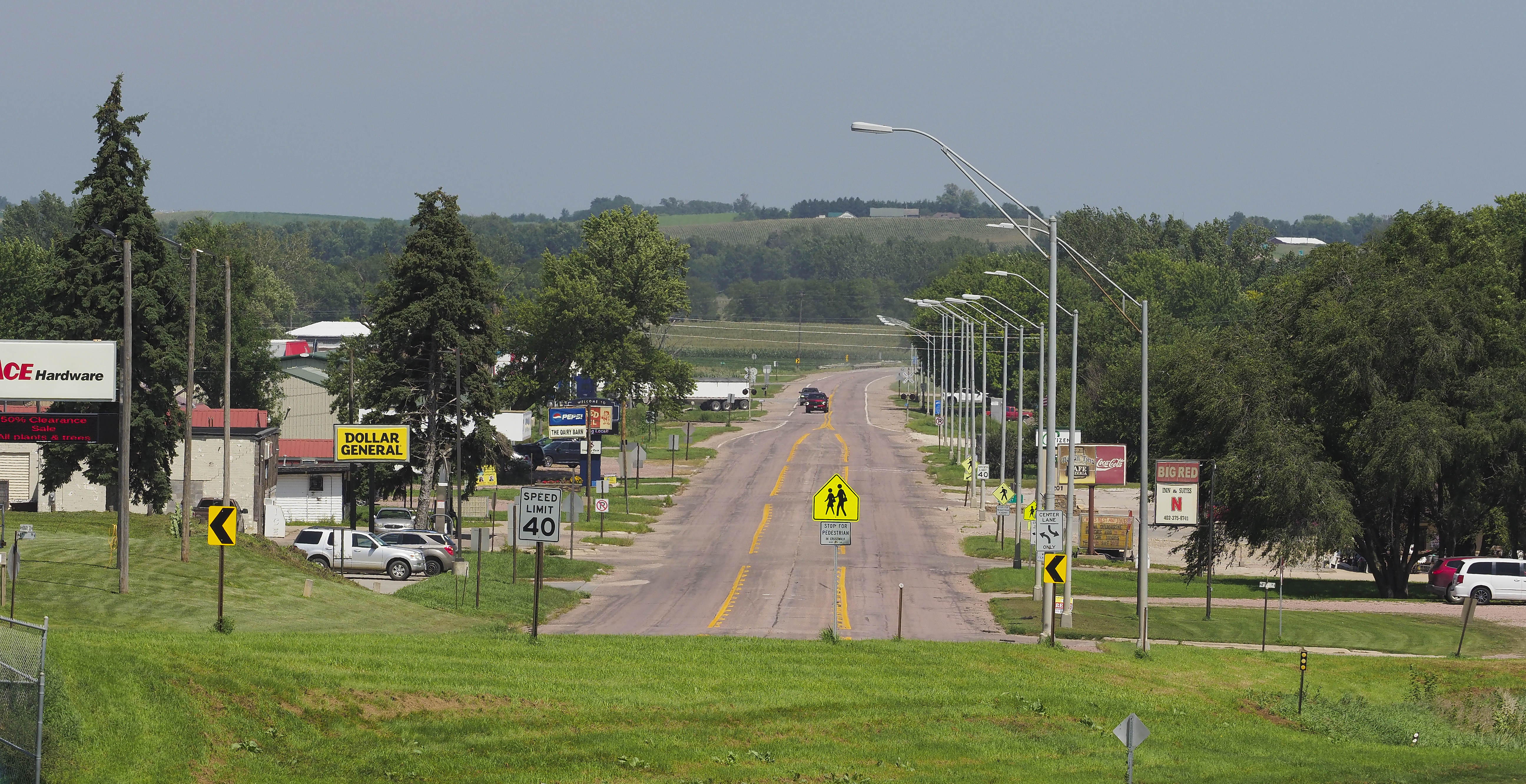 The view down U.S. Highway 20, which runs through Laurel, a northeast Nebraska city of fewer than 1,000 people. In March, the City Council voted to shutter the Hillcrest Care Center, the city-owned nursing home. City leaders said longstanding financial struggles and mass resignations by staff members contributed to the decision.<br />(Jerry L Mennenga / Flatwater Free Press)