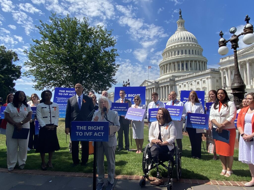 Washington Democratic U.S. Sen. Patty Murray speaks during a press conference on in vitro fertilization outside the U.S. Capitol on Wednesday, June 12, 2024. Also pictured are supporters of Senate Democrats’ IVF access bill as well as New Jersey Democratic Sen. Cory Booker and Illinois Democratic Sen. Tammy Duckworth.<br />(Jennifer Shutt / States Newsroom)