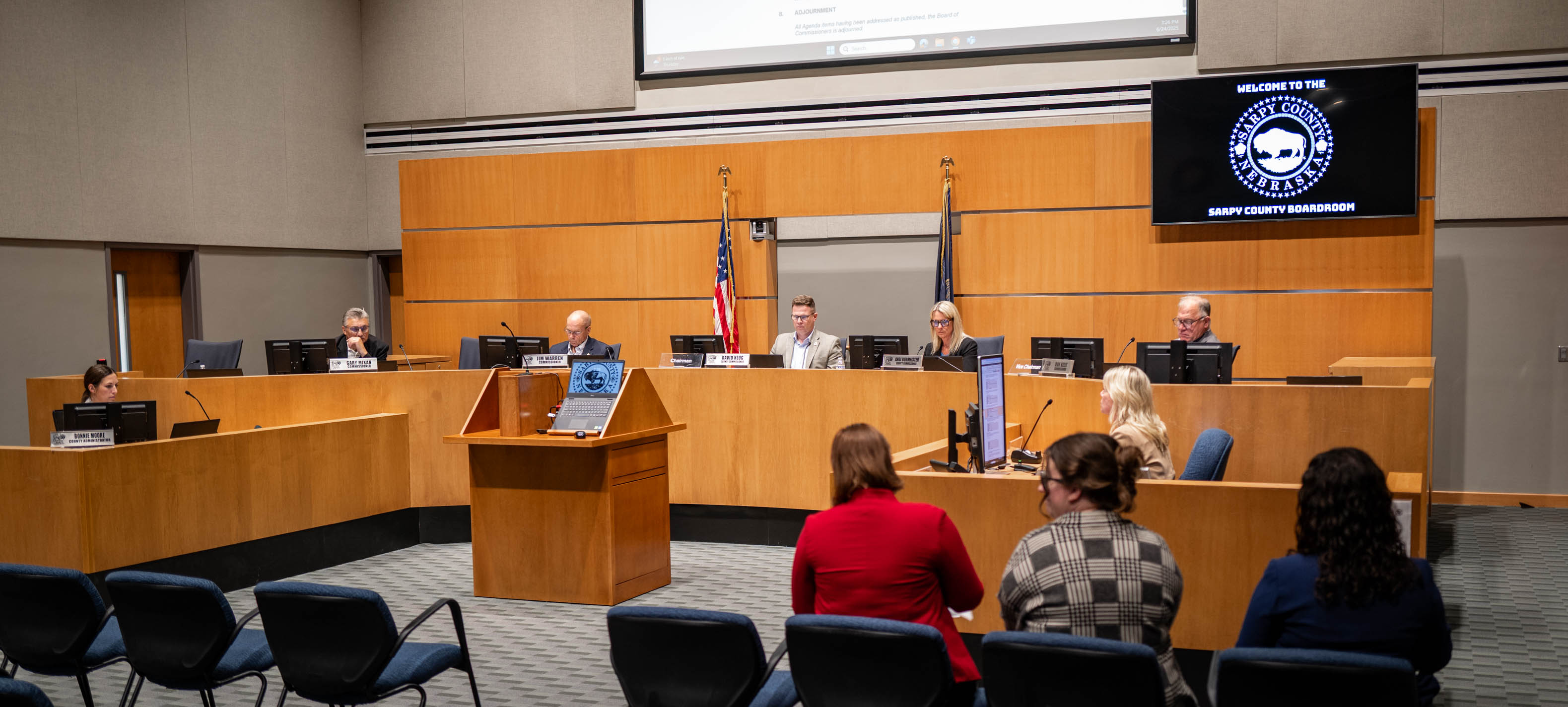 From left to right: Gary Mixan, Jim Warren, David Klug, Angi Burmeister and Don Kelly of the Sarpy County Board of Commissioners at a meeting on June 24, 2025.<br />(Abiolo Kosoko / Flatwater Free Press)